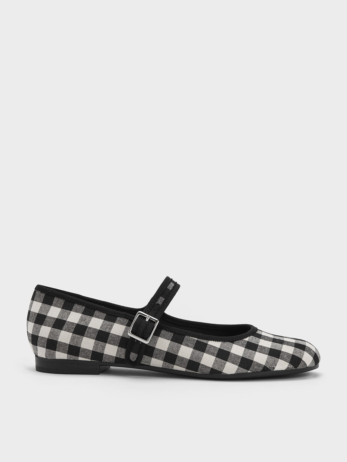 Black Textured Checkered Buckled Mary Jane Flats | CHARLES & KEITH