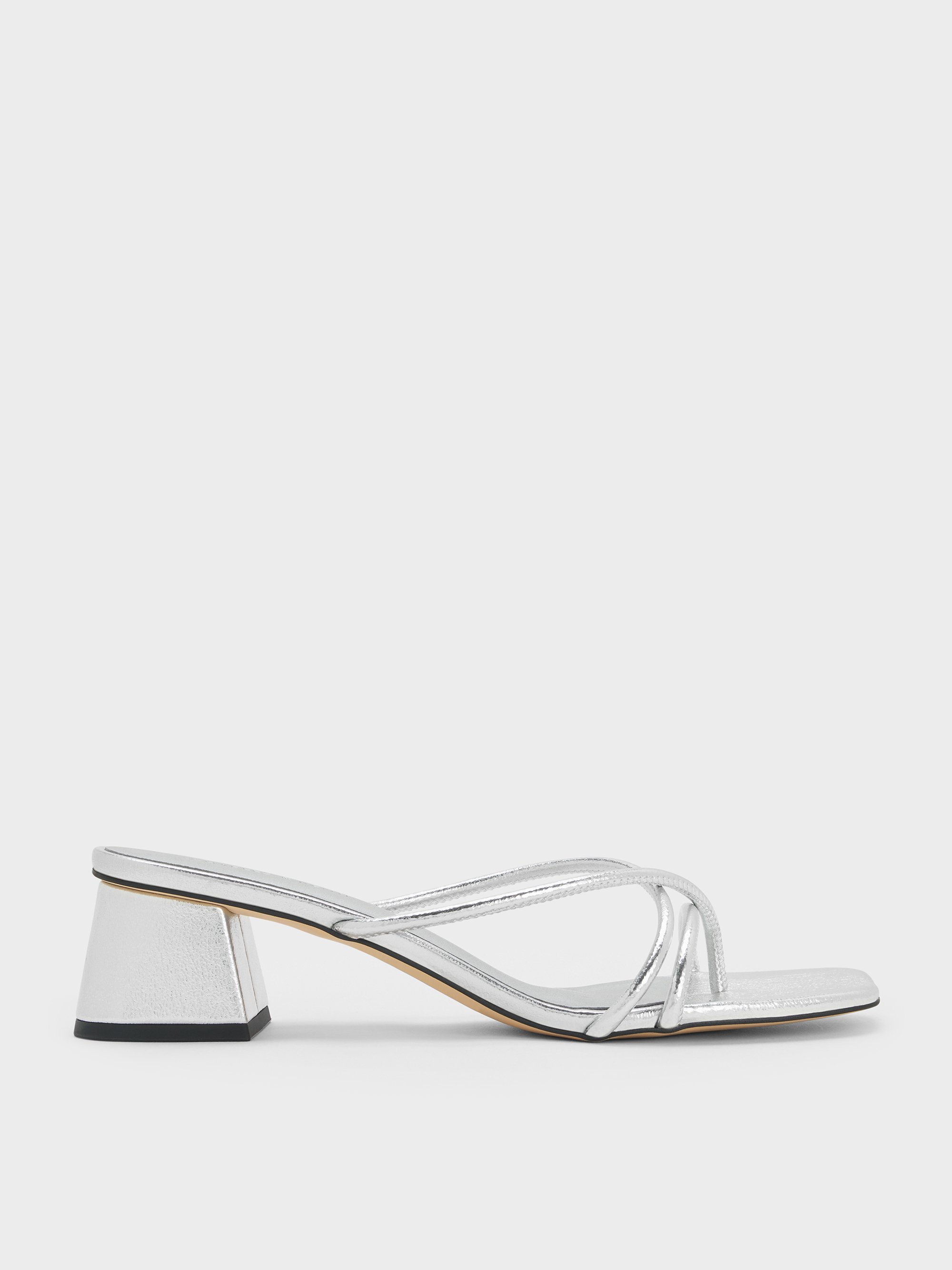 Charles & Keith - Metallic Strappy Toe-ring Block-heel Sandals In Silver