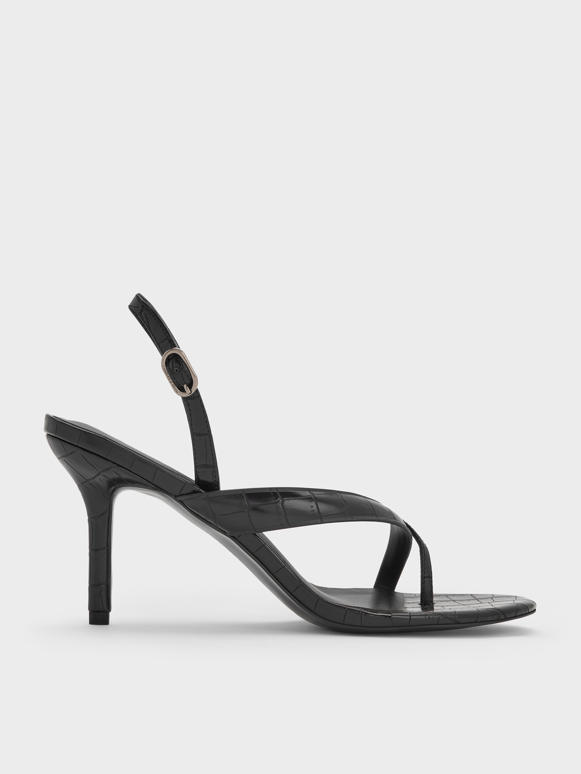 Animal Print Black Croc-Effect Stiletto Slingback Thong Sandals