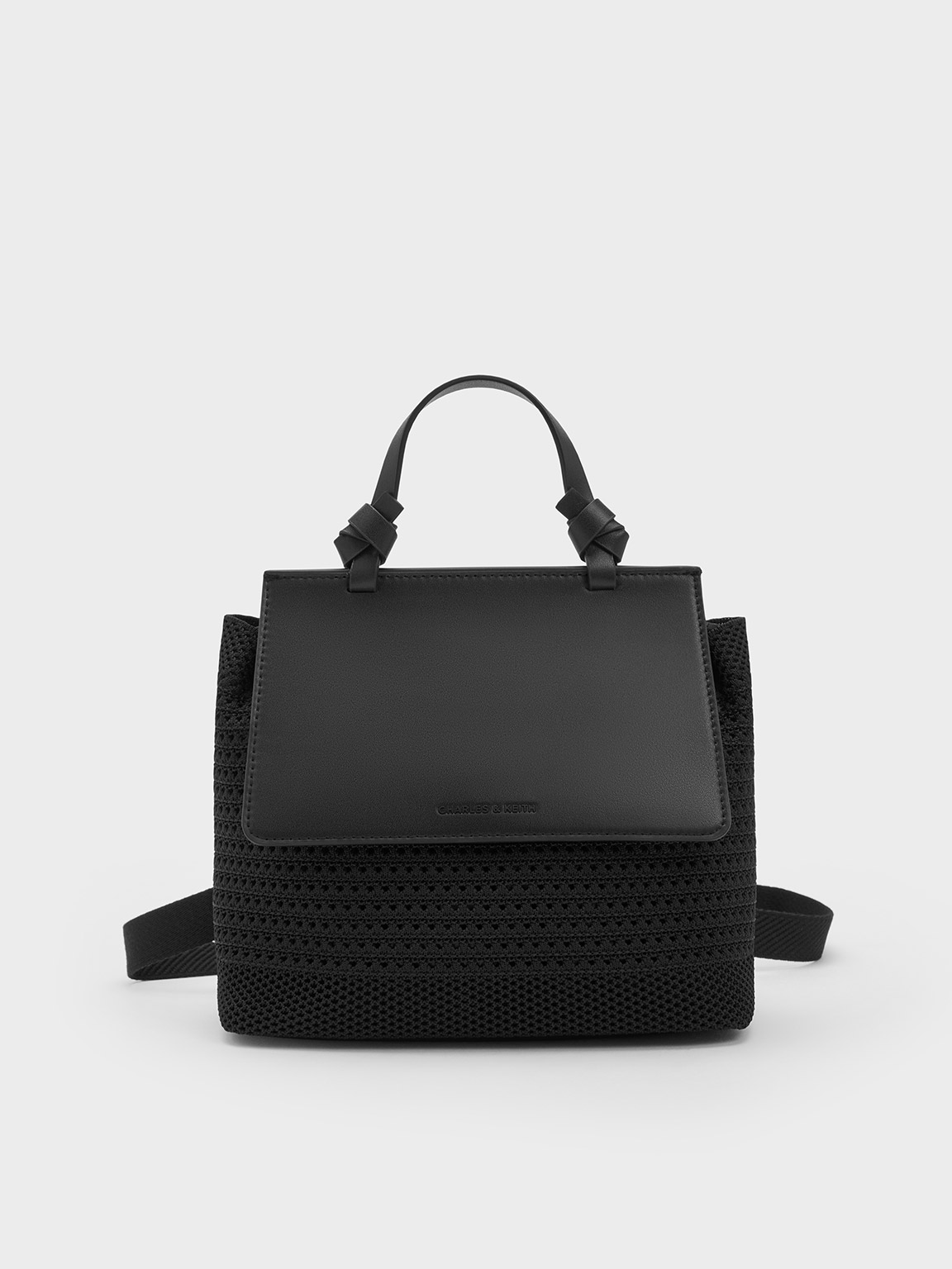 Charles & Keith Ida Knitted Front Flap Backpack In Black