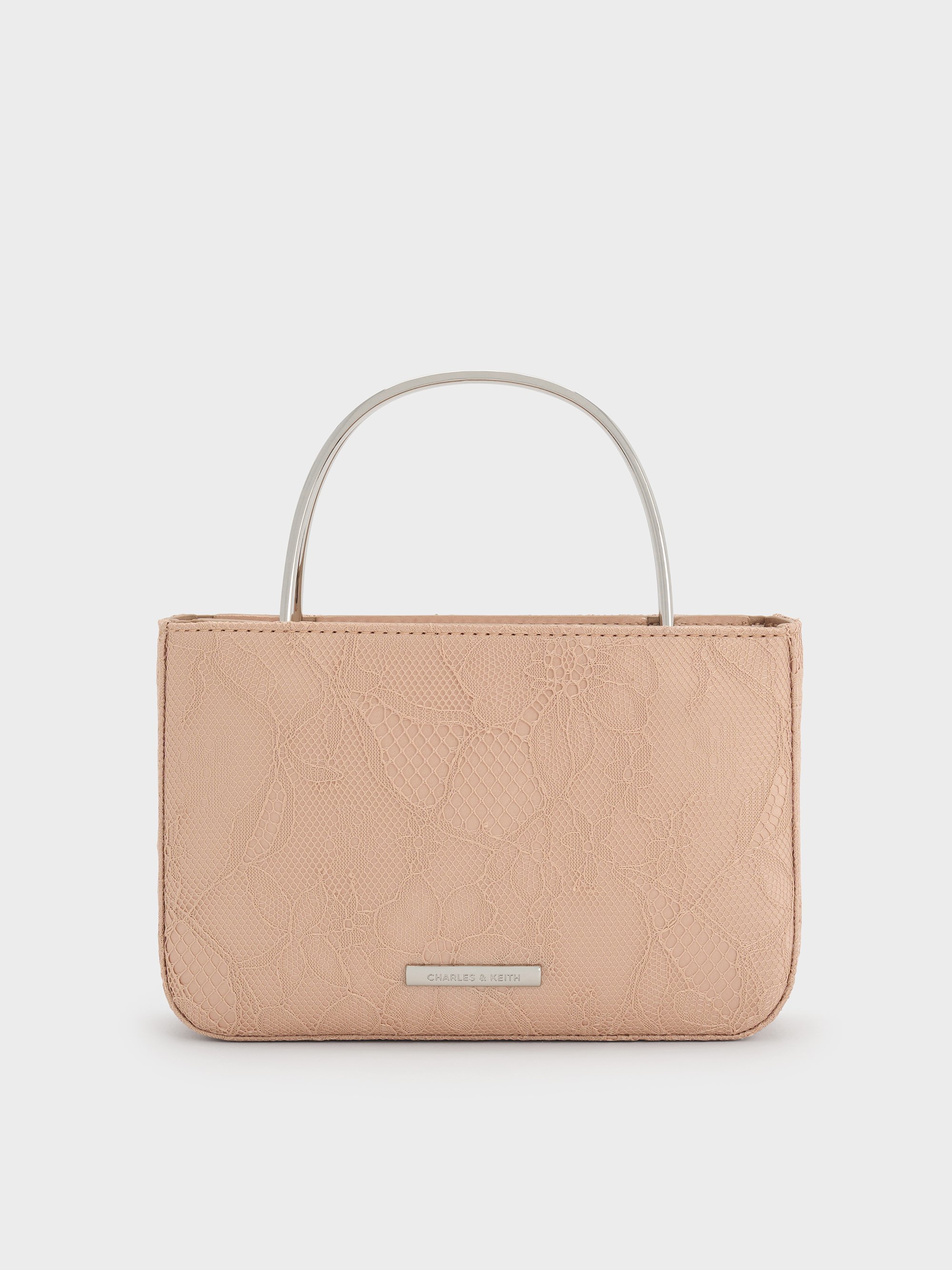 Nude Textured Jennis Lace & Satin Top Handle Bag - Nude Textured