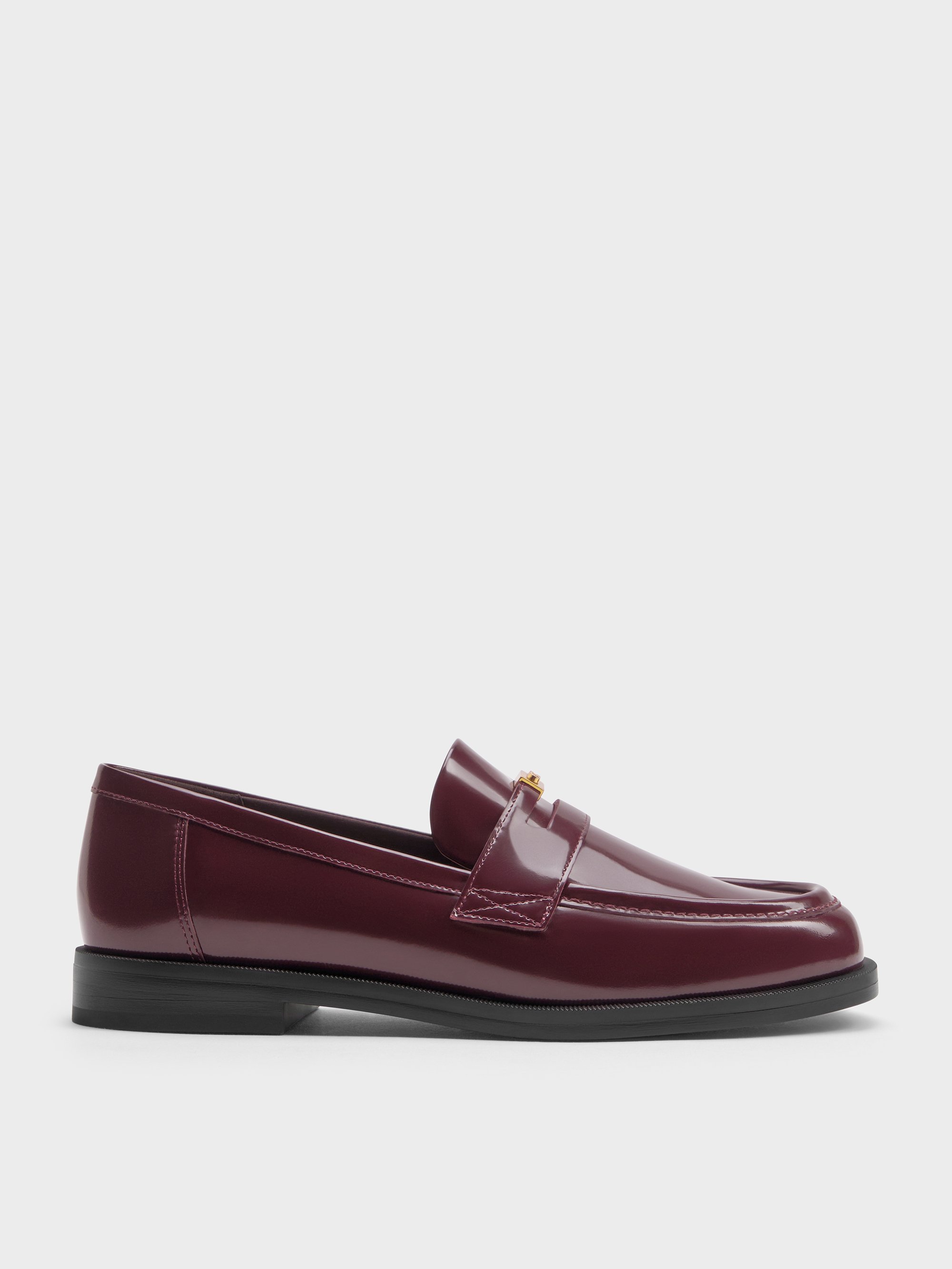 Charles & Keith - Georgina Leather Metallic-accent Penny Loafers In Burgundy