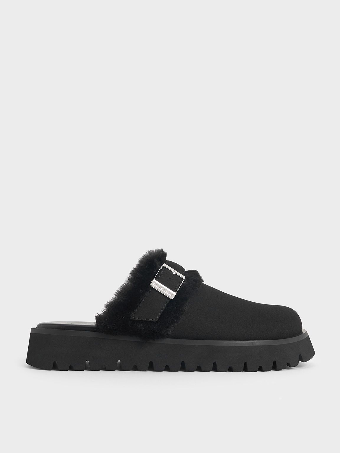 Charles & Keith - Hannah Textured Fur-trim Buckled Mules In Black