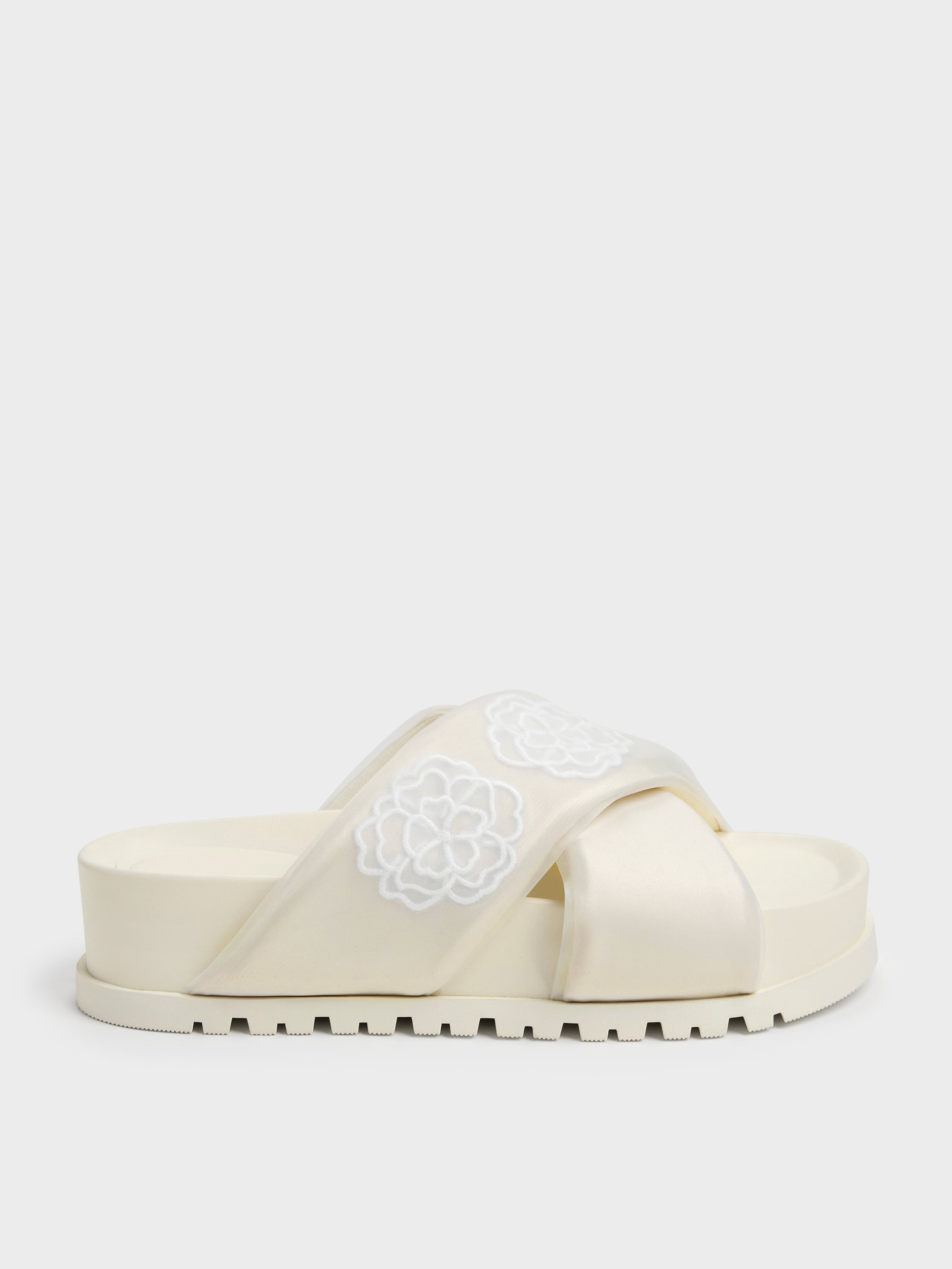 Satin Embroidered-Flower Crossover Sandals - Chalk - CHARLES