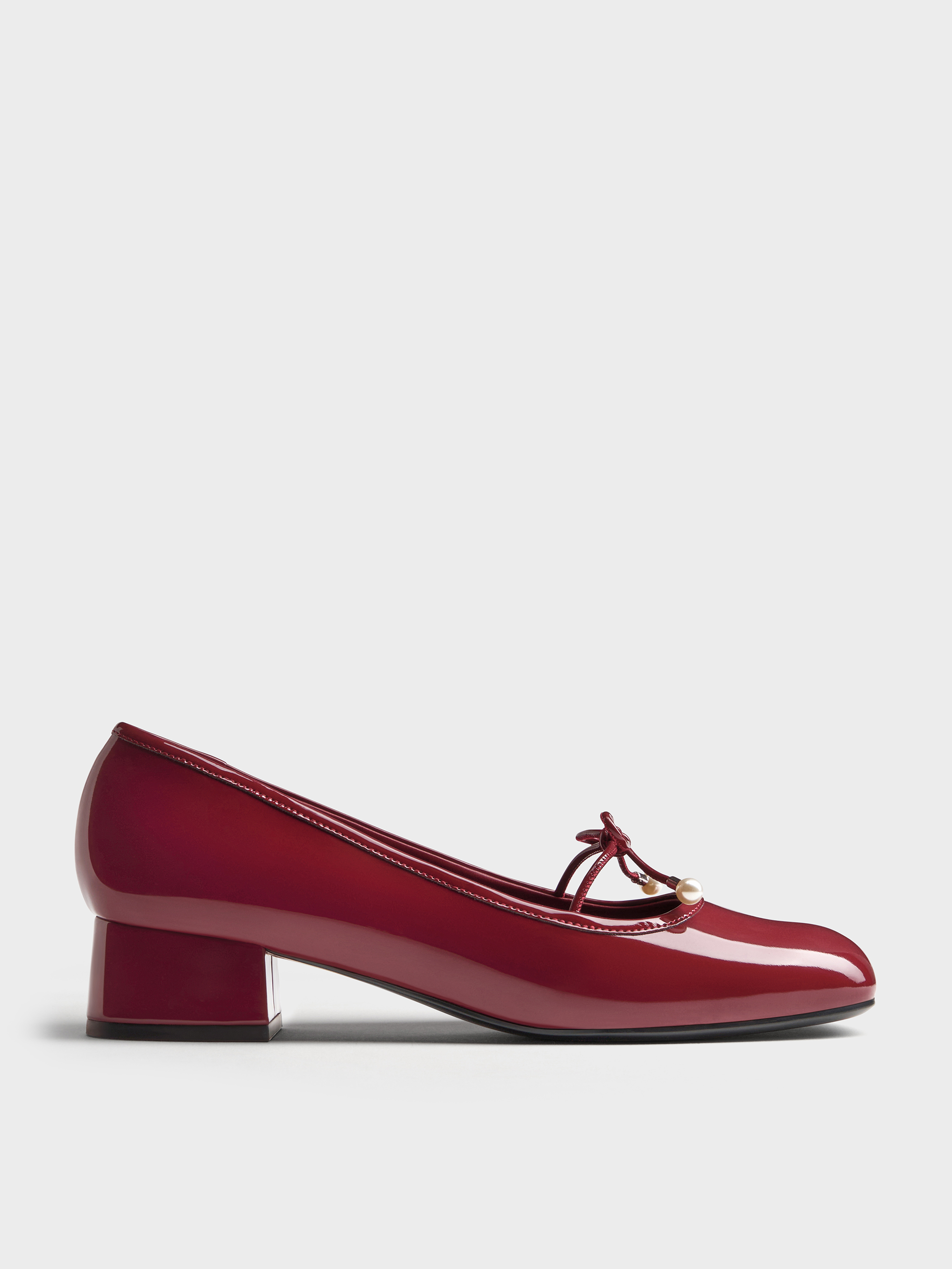 Charles & Keith - Barbara Patent Pearl-embellished Bow Ballet Pumps In Red