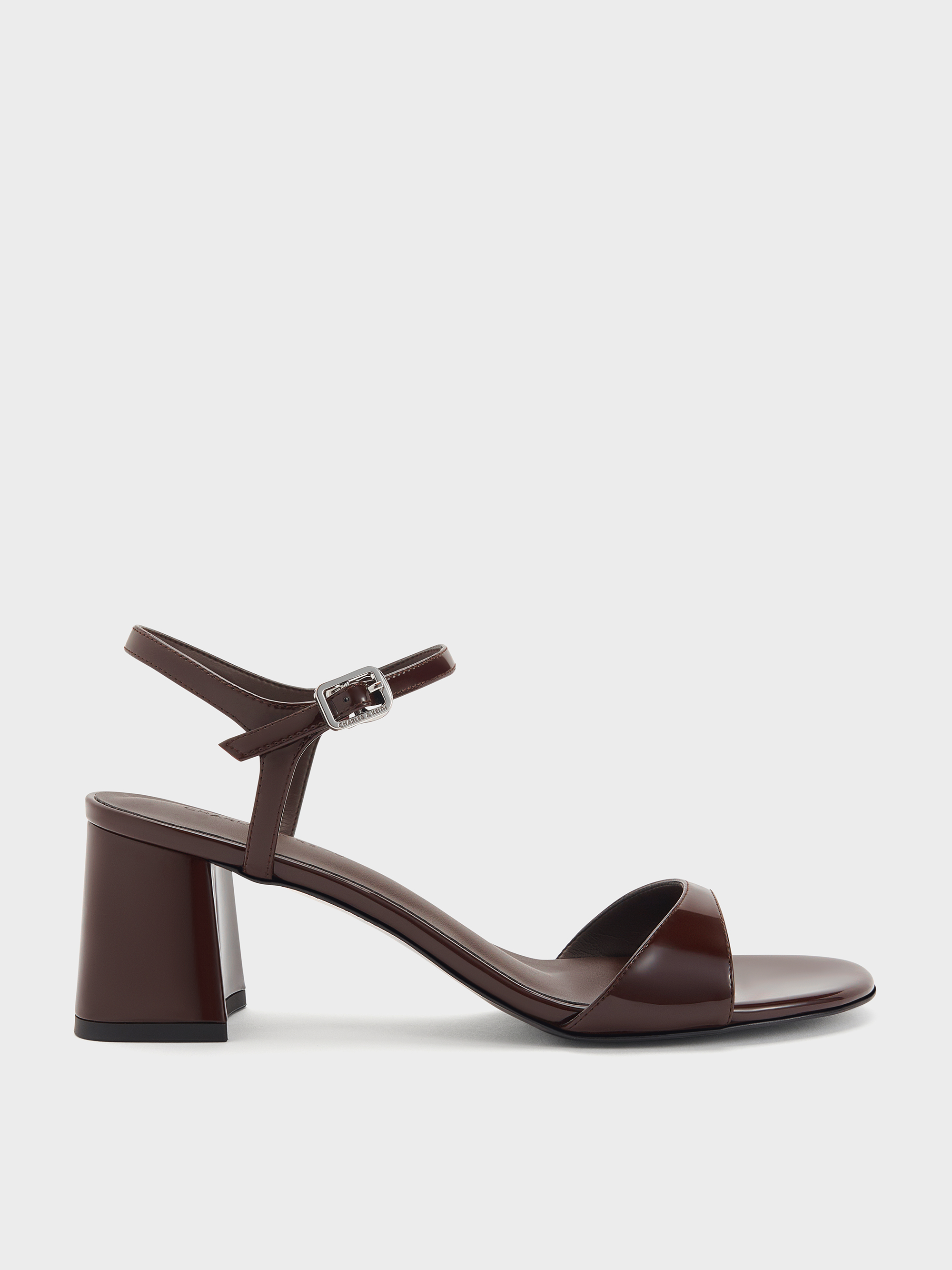 Charles & Keith - Patent Ankle-strap Block-heel Sandals In Brown