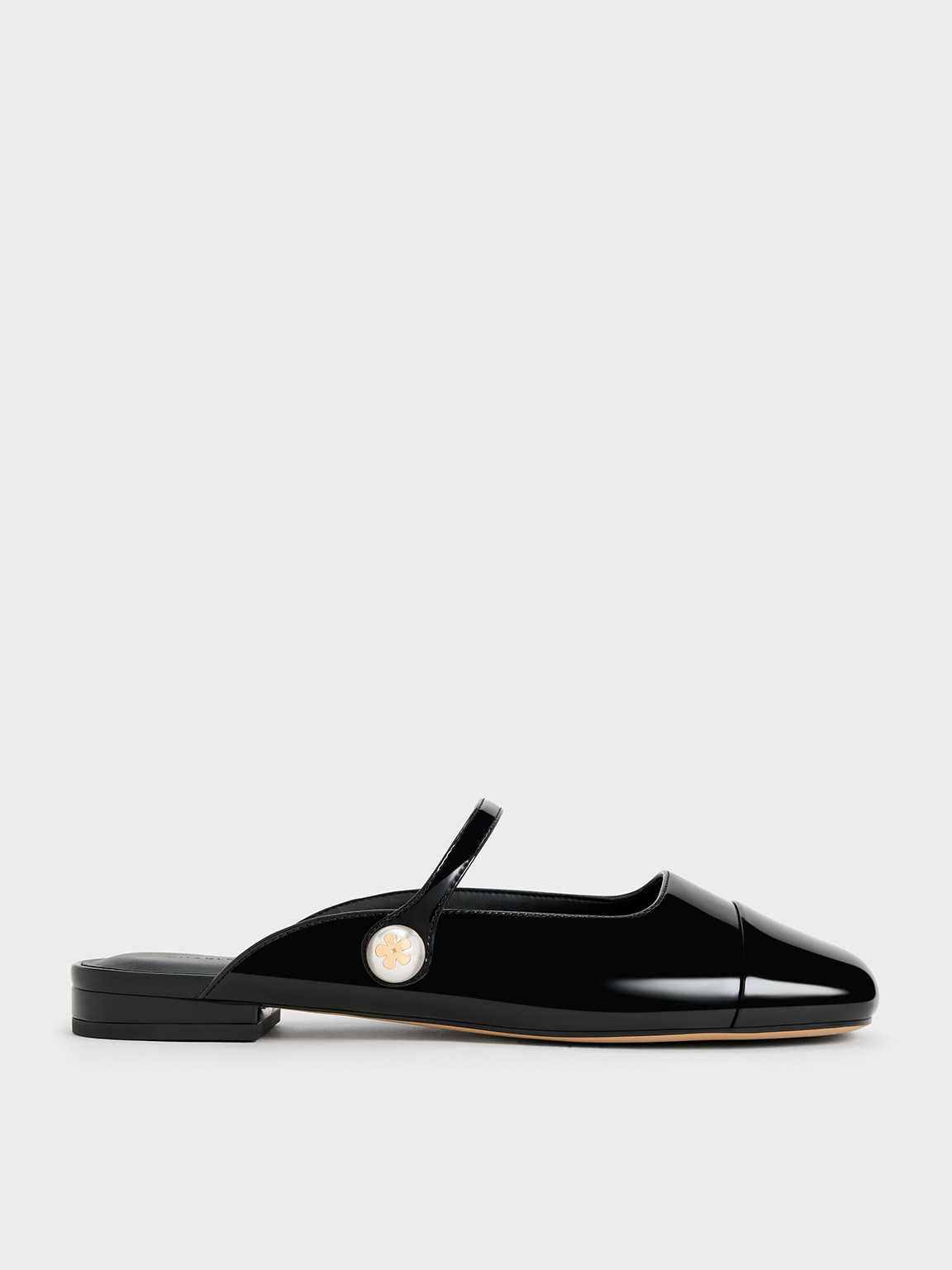 Charles & Keith Pearl Embellished Patent Flat Mules In Black Patent