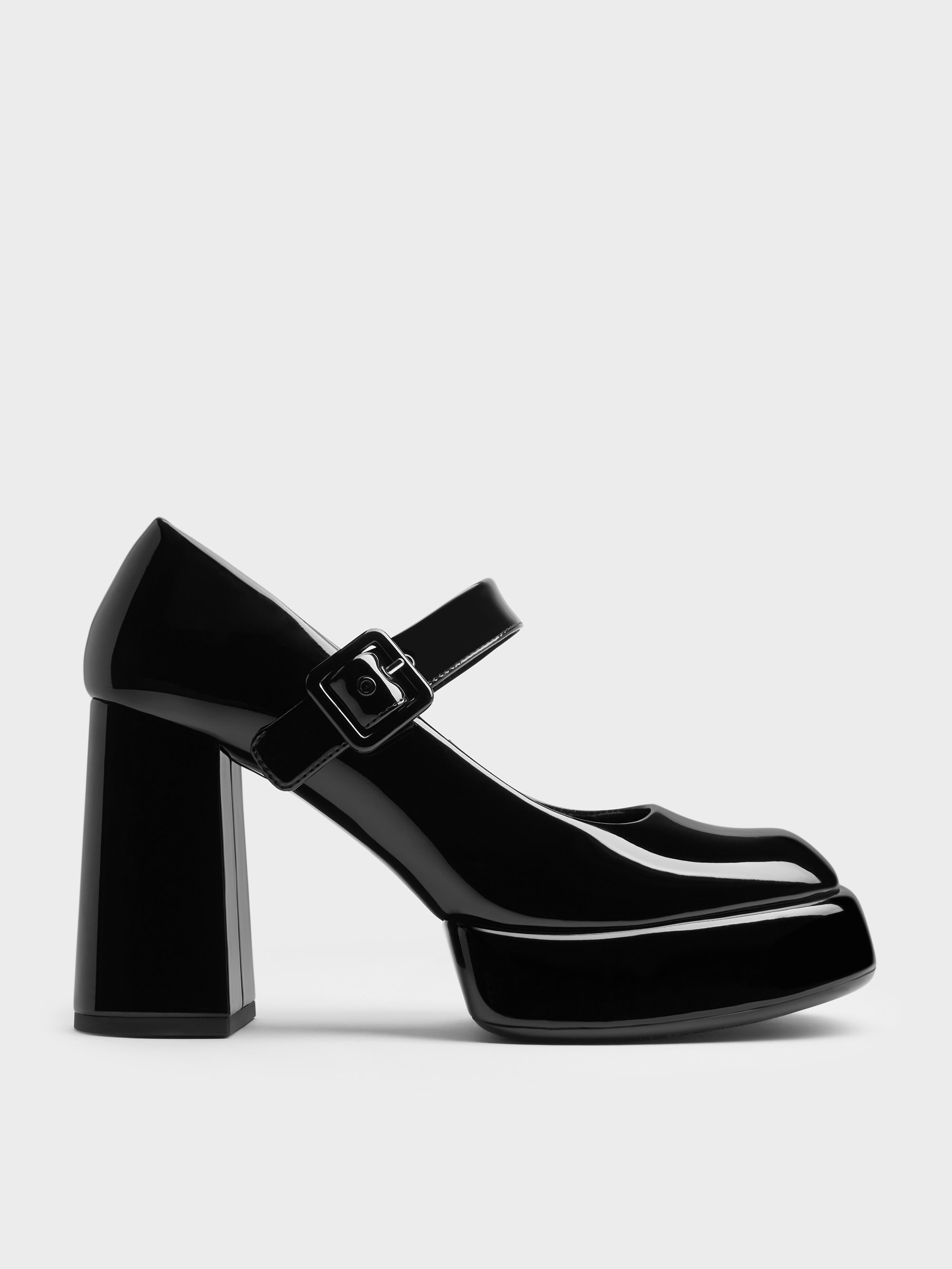 Charles & Keith - Patent Block-heel Platform Mary Jane Pumps In Black