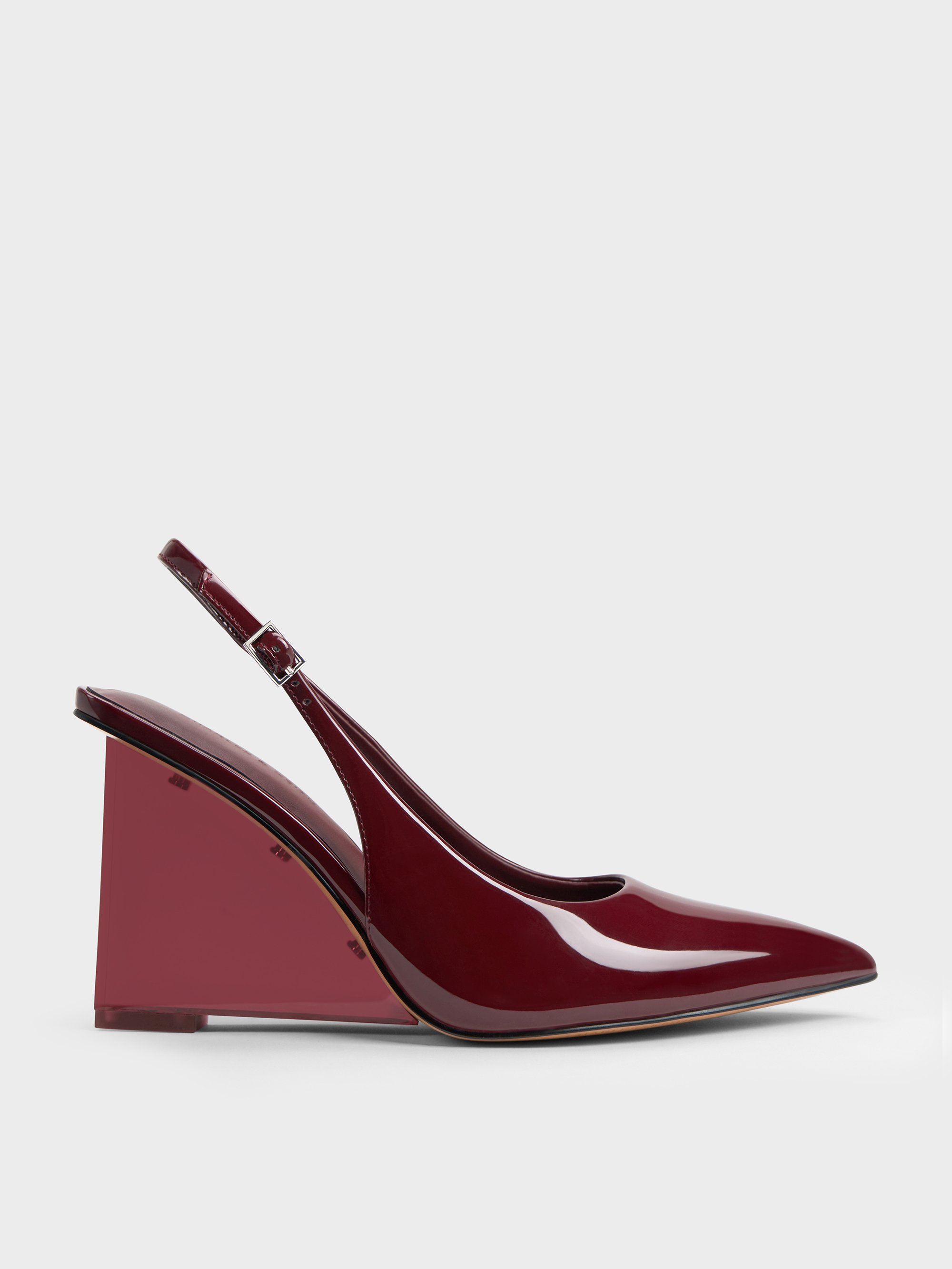 Charles & Keith - Patent Translucent-heel Slingback Wedges In Burgundy