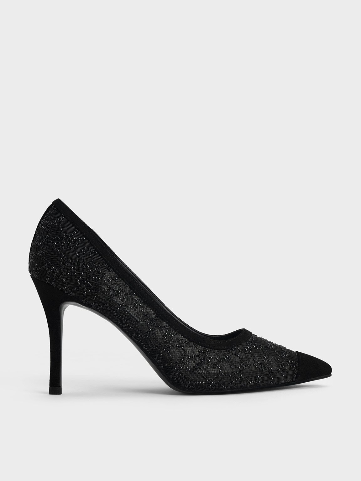 Black Bead-Embellished Mesh Pumps - CHARLES & KEITH KR