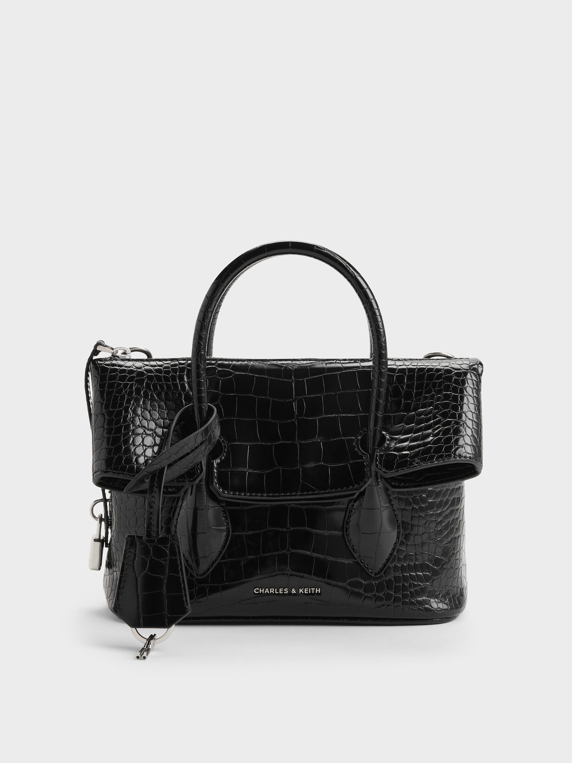 Aveline Croc-Effect Front-Flap Crossbody Bag - Black Croco