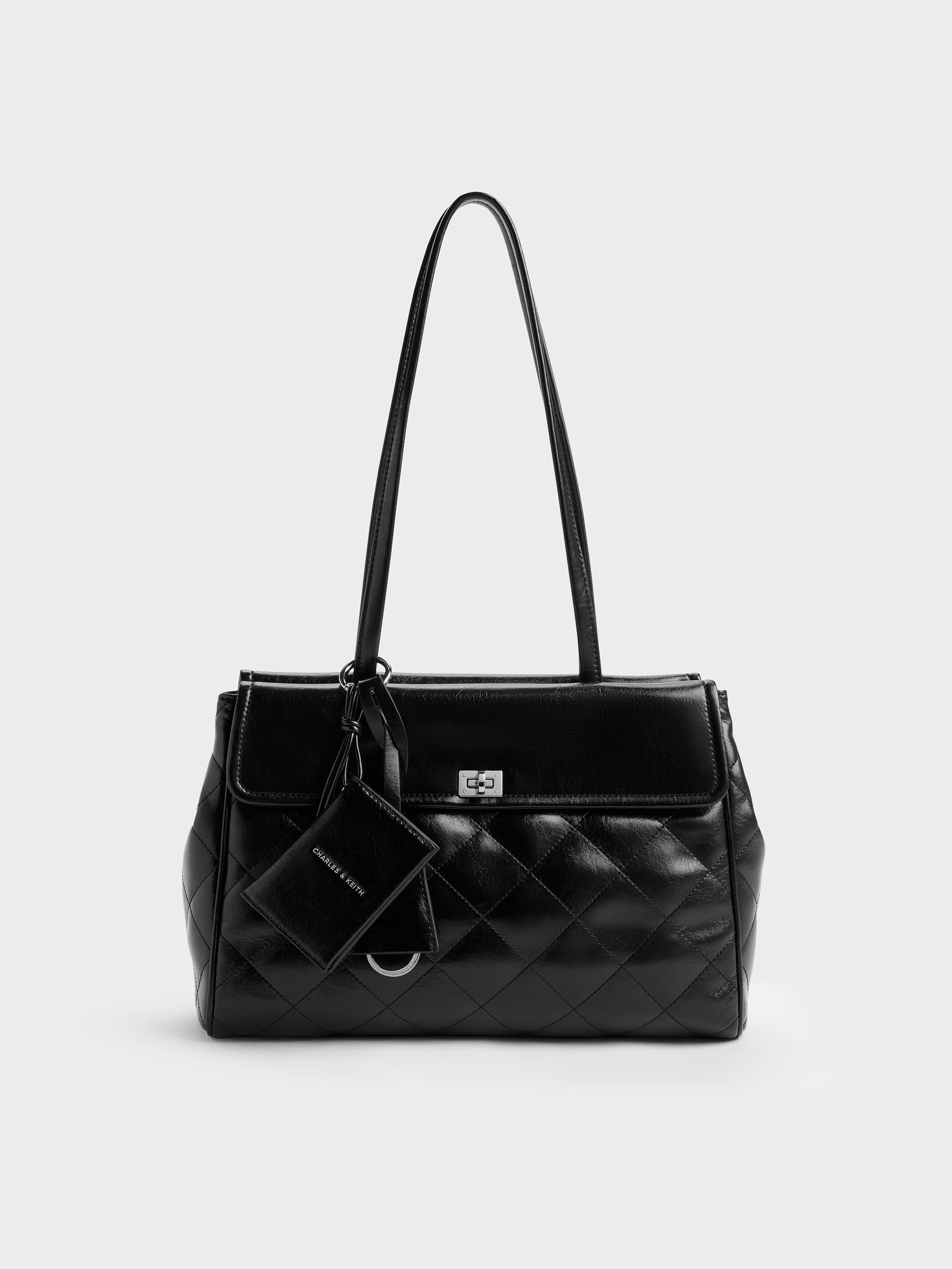 Charles & Keith - Xl Apfra Quilted Tote Bag In Black