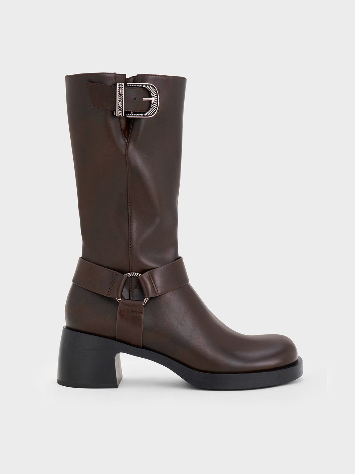 Charles & Keith - Kirke Buckled Mid-calf Biker Boots In Dark Brown
