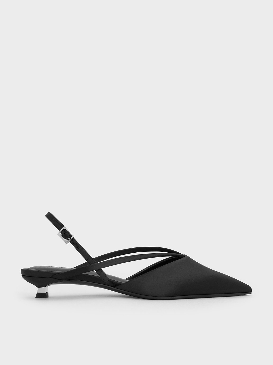 Black Textured Satin V-Strap Pointed-Toe Slingback Kitten