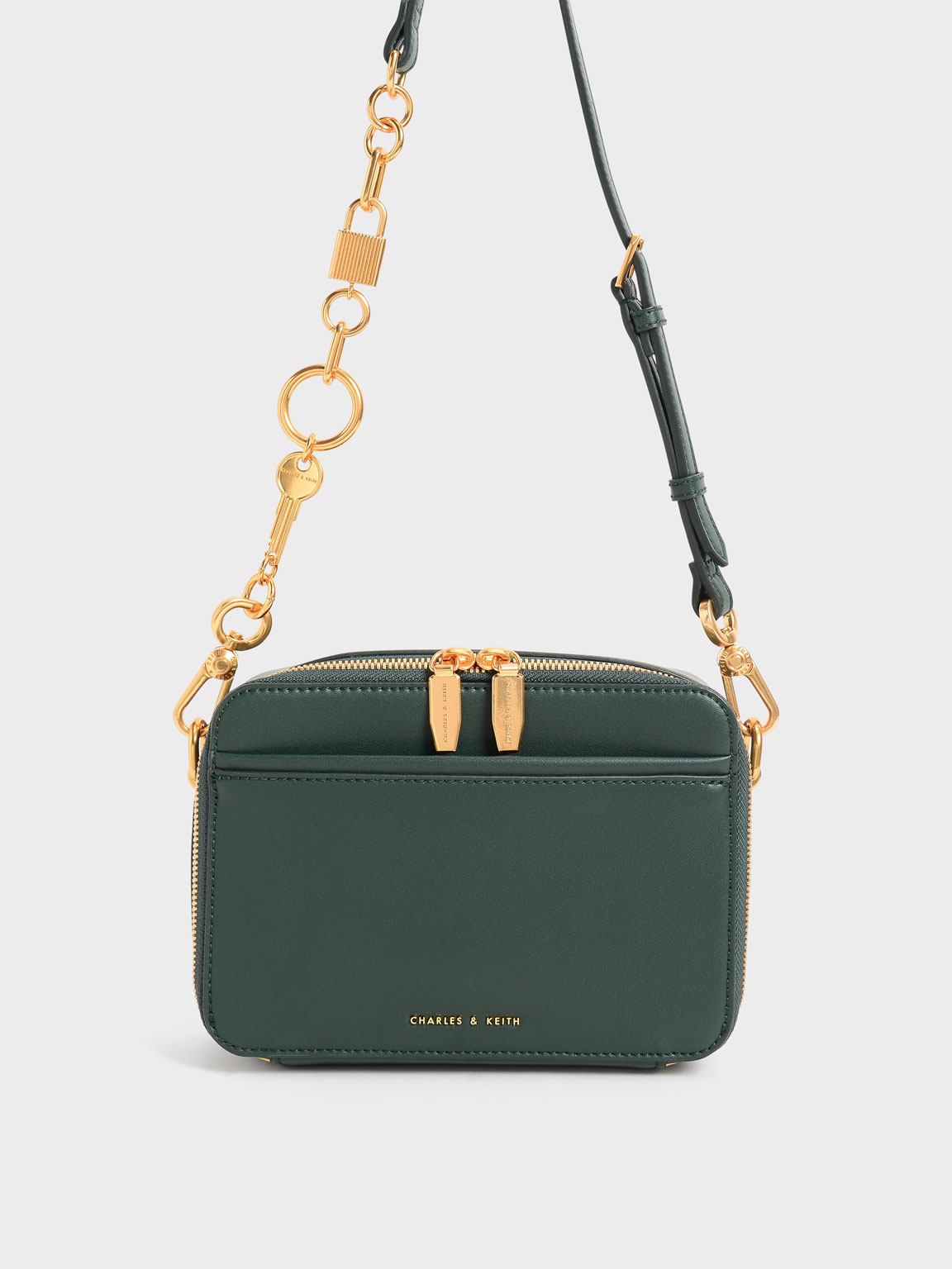 Charles & Keith - Women's Chunky Chain Handle Two-Way Zip Crossbody Bag, Dark Green, S