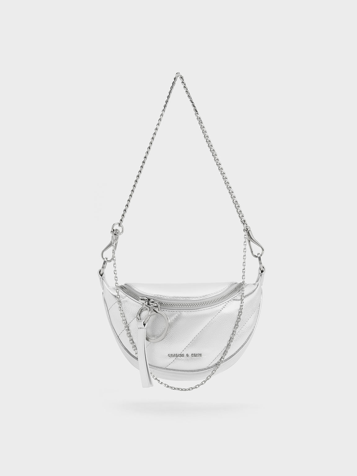 Charles & Keith Philomena Crinkle-effect Half-moon Crossbody Bag In Silver