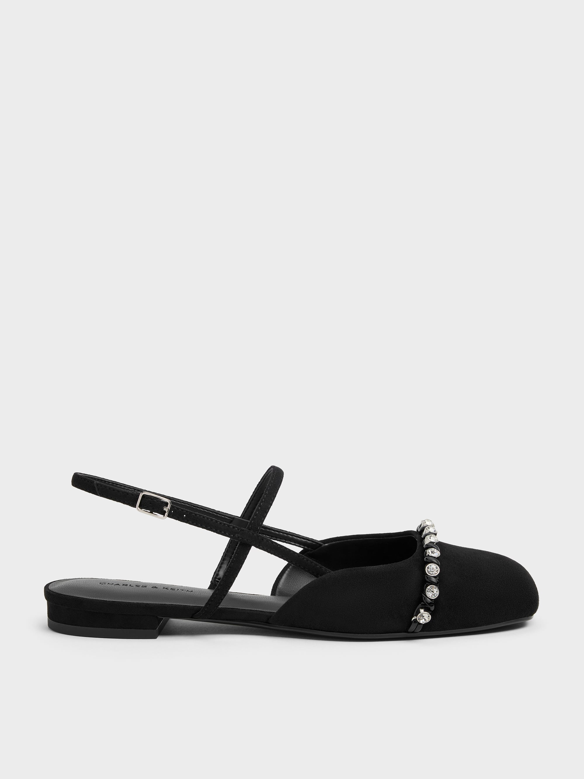 Charles & Keith - Faux Suede Crystal Mary Jane Slingback Flats In Black Textured