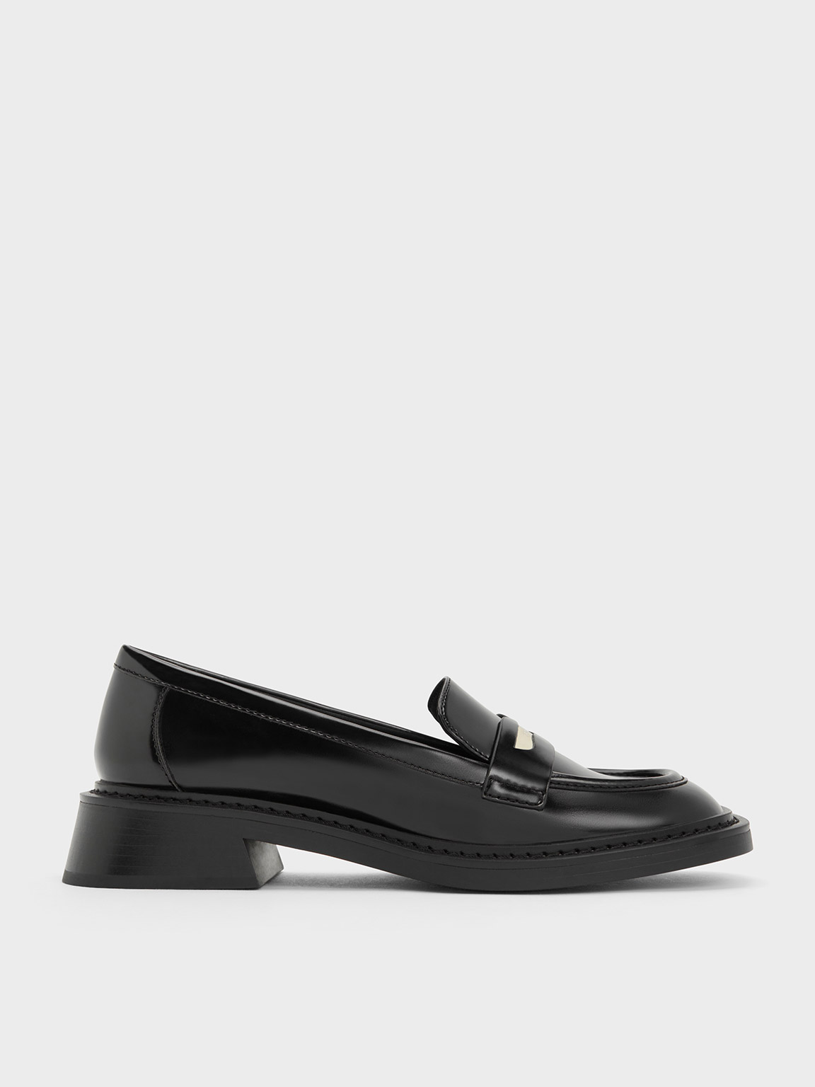 Charles & Keith Metallic Penny Tab Loafers In Black Boxed