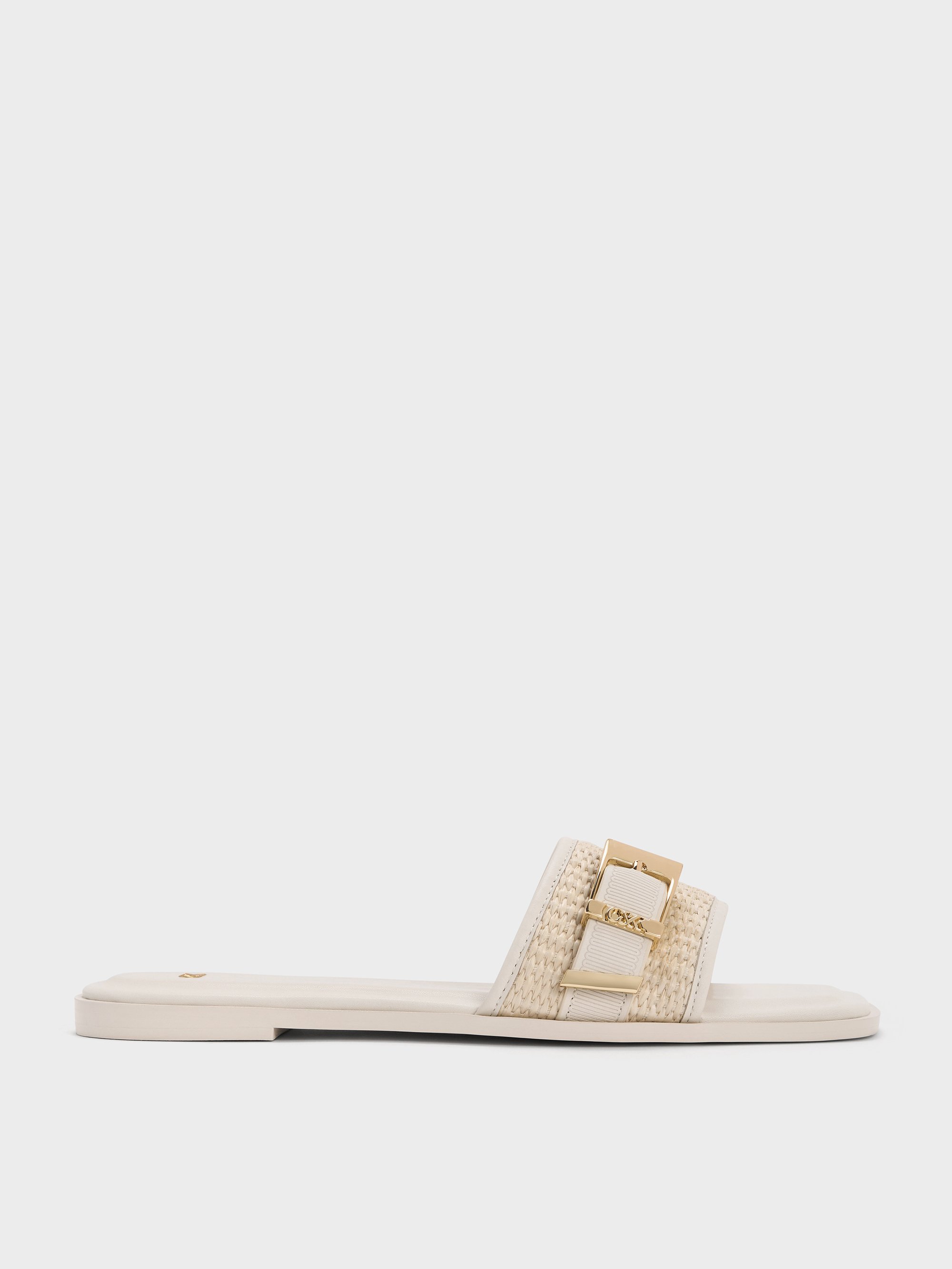 サンダル・ミュール CHARLES&KEITH Whitney Leather & Raffia Buckled Heeled Mules Brown Whitney Leather & Raffia Buckled Heeled Mules