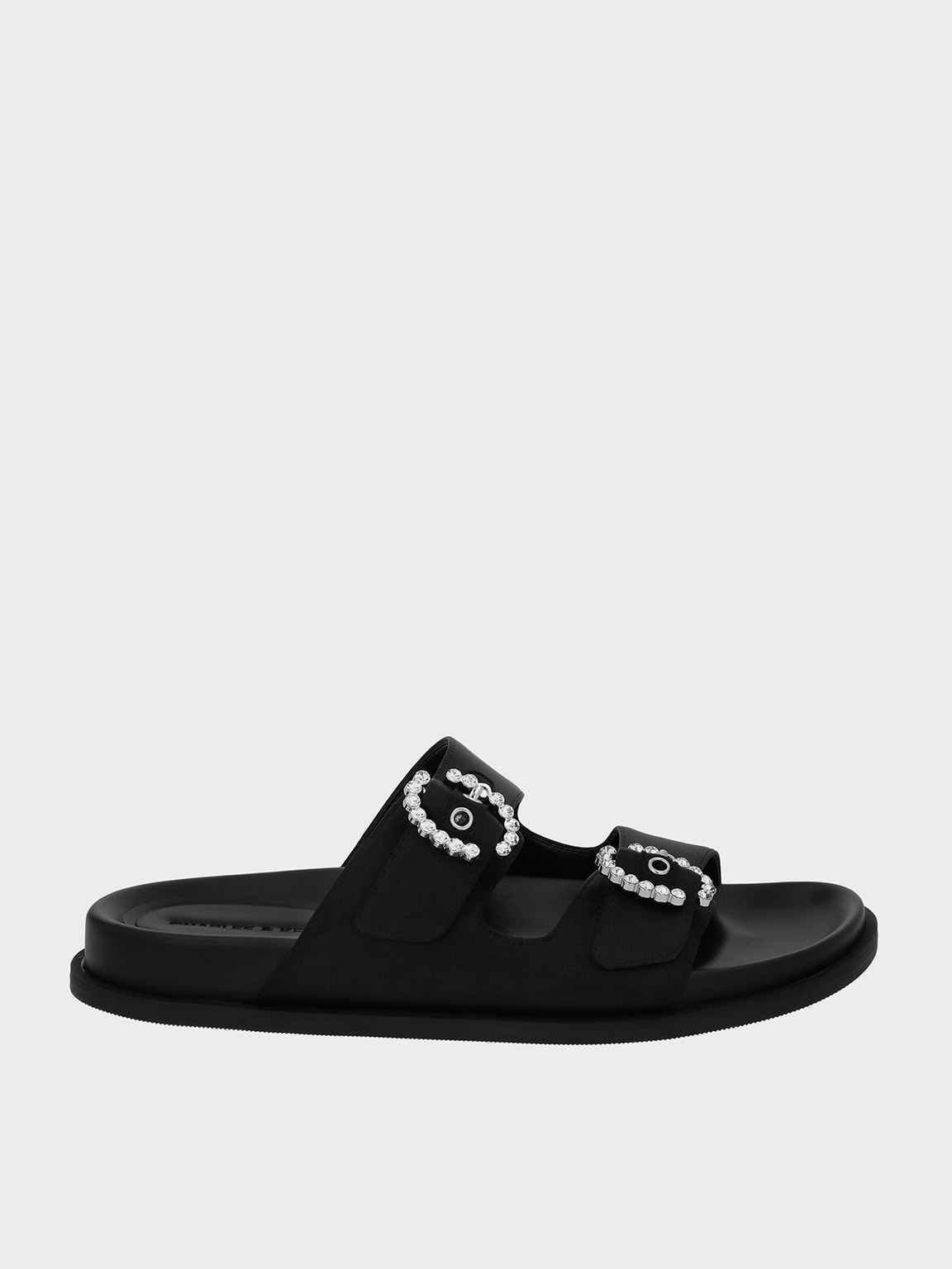 Shop Charles & Keith - Recycled Polyester Embellished Buckle Sandals In Black Textured