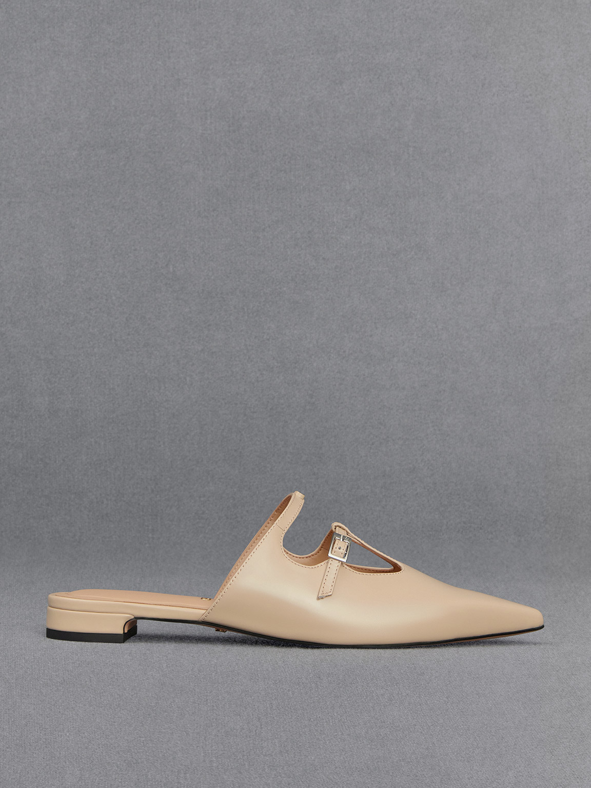 Shop Charles & Keith - Leather T-bar Double-strap Mules In Beige