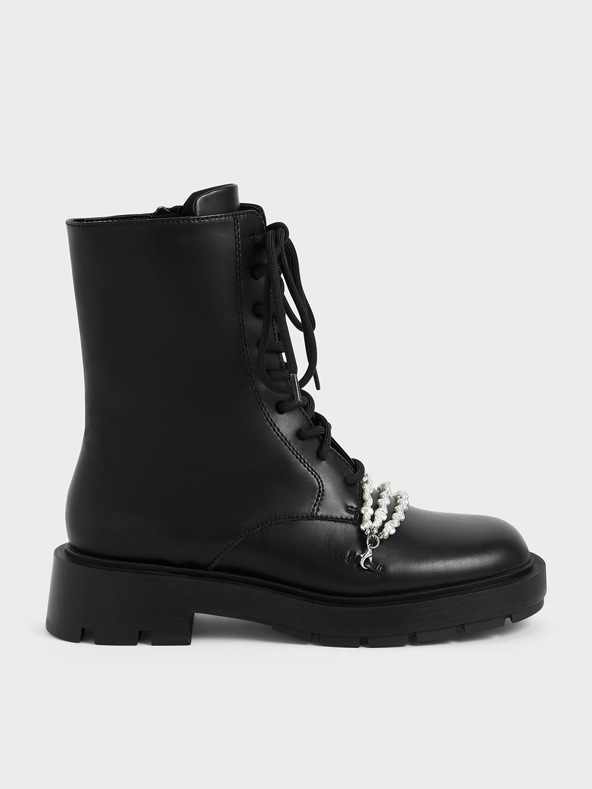 Black Beaded Lace-Up Ankle Boots - CHARLES & KEITH TW