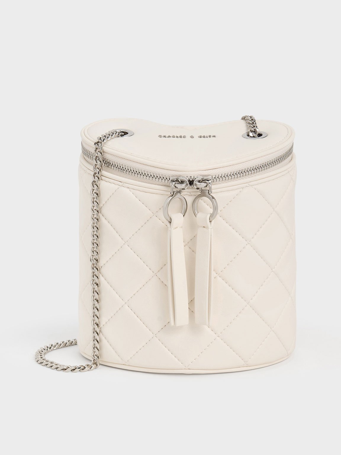 Charles & Keith Philomena Quilted Heart Cylindrical Bag In White