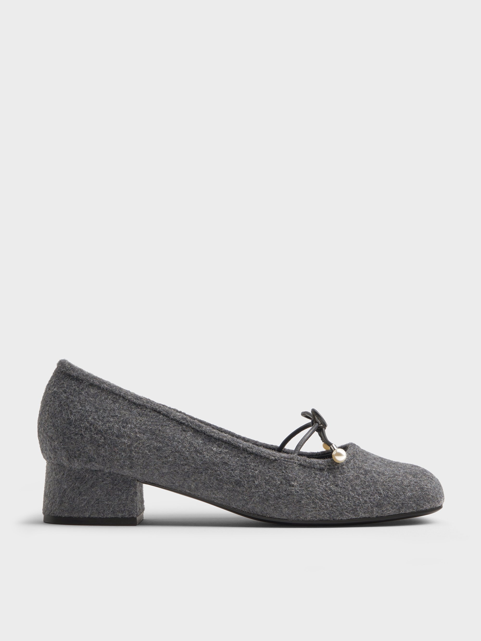 Charles & Keith - Barbara Felt Pearl-embellished Bow Ballet Pumps In Gray