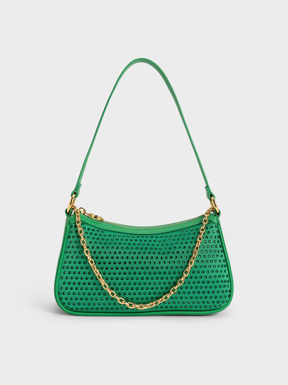 Charles & Keith Crystal-embellished Satin Shoulder Bag In Green