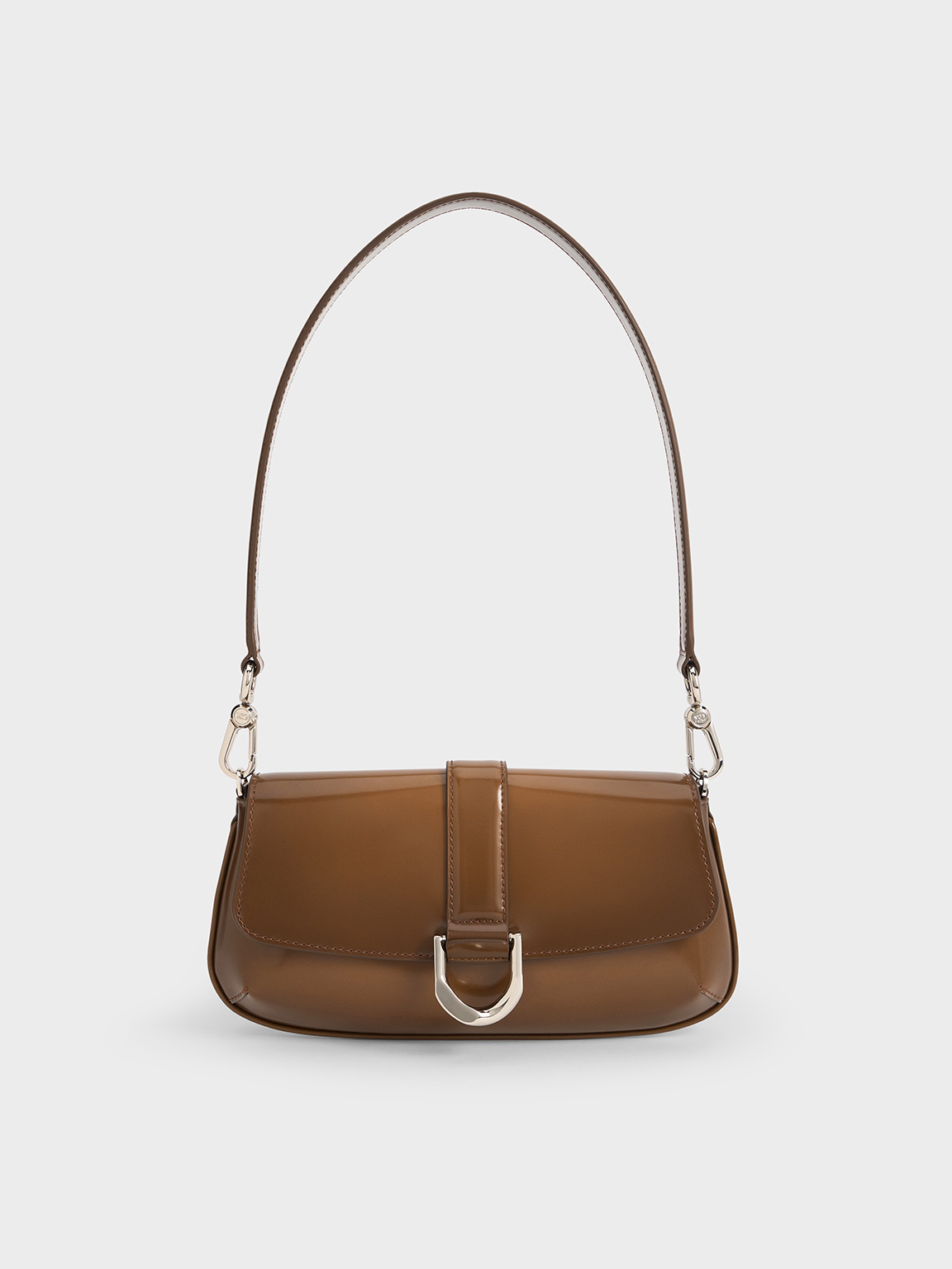 Brown Gabine Leather Elongated Shoulder Bag CHARLES & KEITH AE