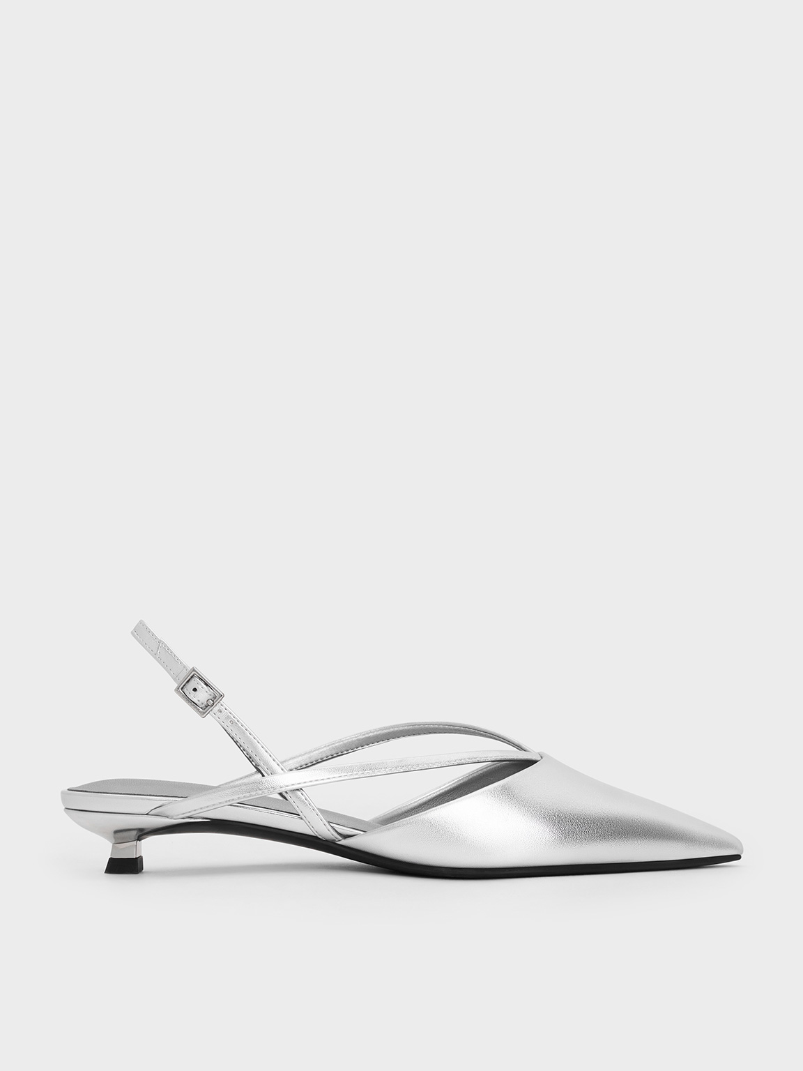 Silver Metallic V-Strap Pointed-Toe Slingback Kitten Heels