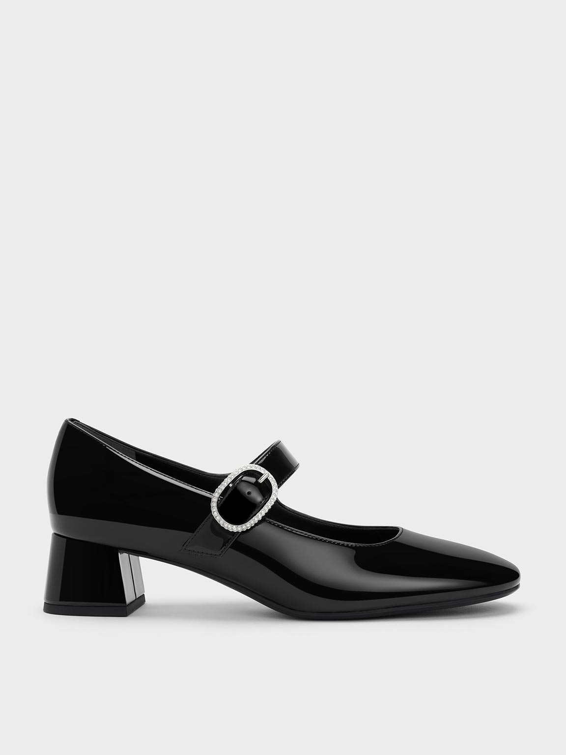 Charles & Keith - Jannie Patent Crystal-buckle Mary Jane Pumps In Black Patent