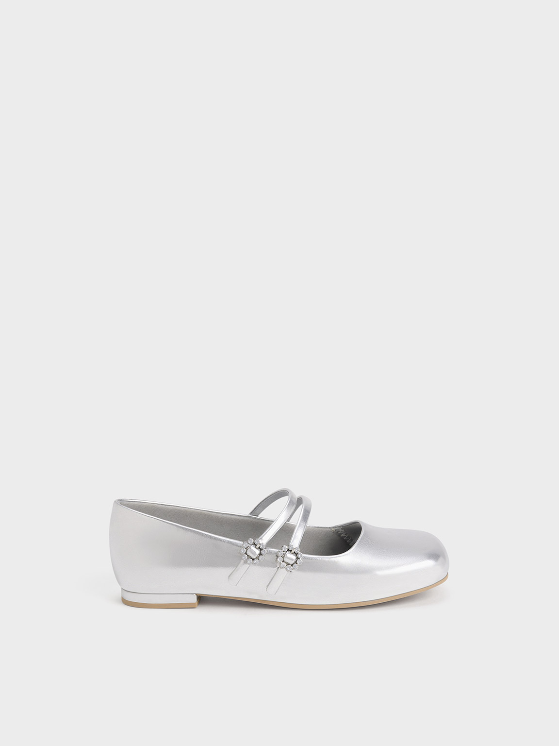 Shop Charles & Keith - Girls' Gem-embellished Metallic Mary Janes In Silver