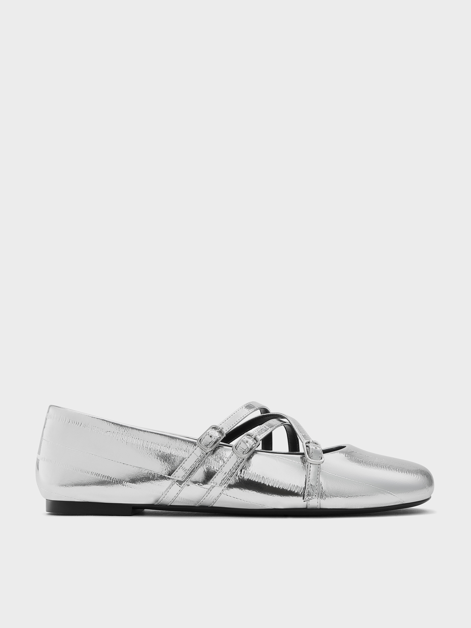 Metallic Triple-Strap Mary Jane Flats - Silver - CHARLES & KEITH US