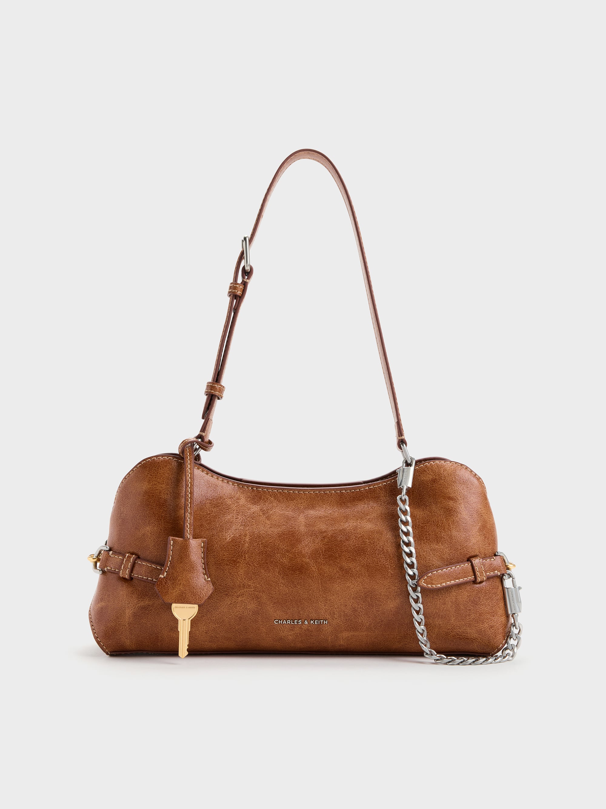 Delfina Chain Side-Belt Shoulder Bag - Distressed Tan - CHARLES
