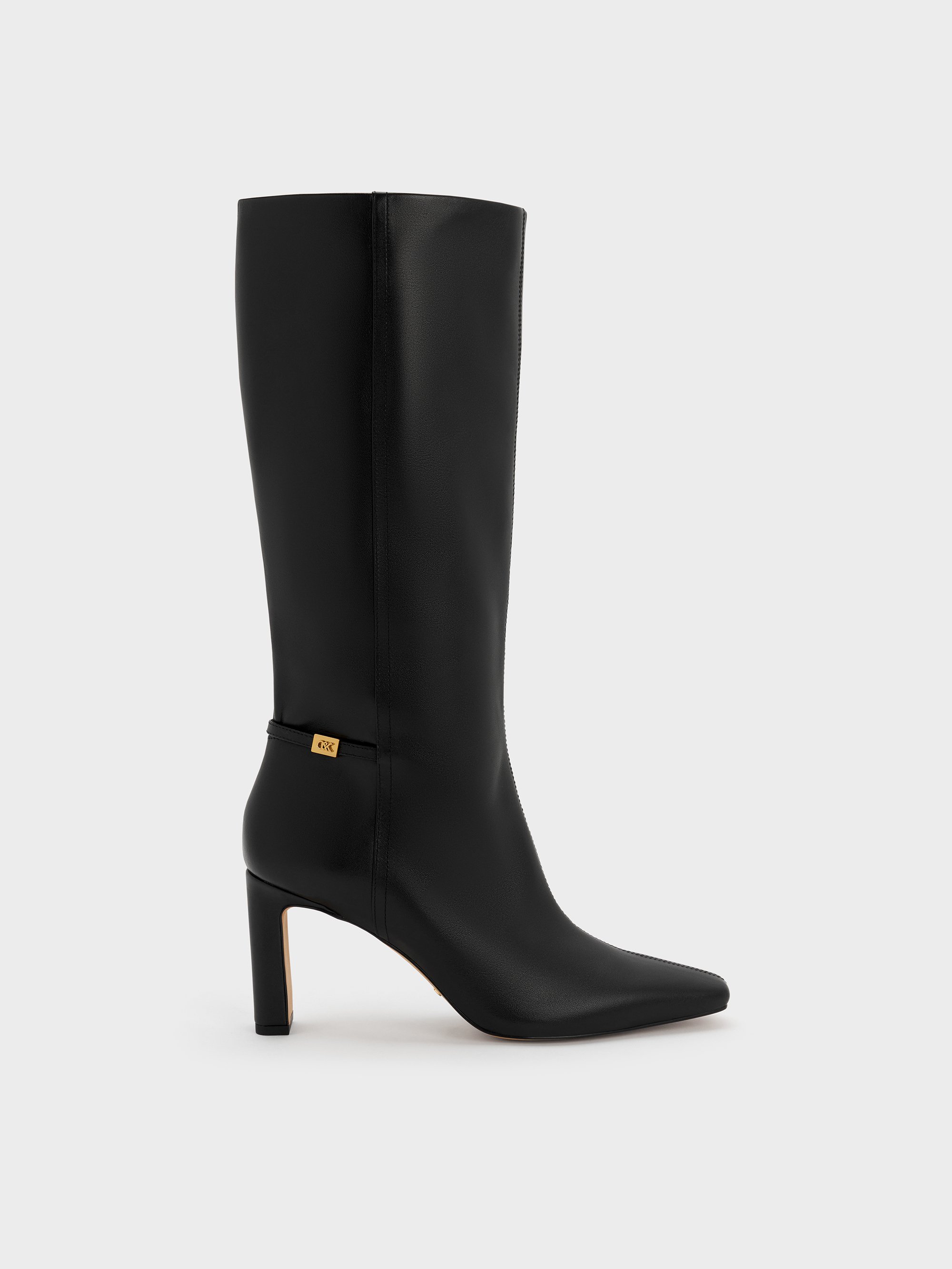 Charles & Keith - Georgina Leather Tapered Square-toe Blade-heel Knee-high Boots In Black