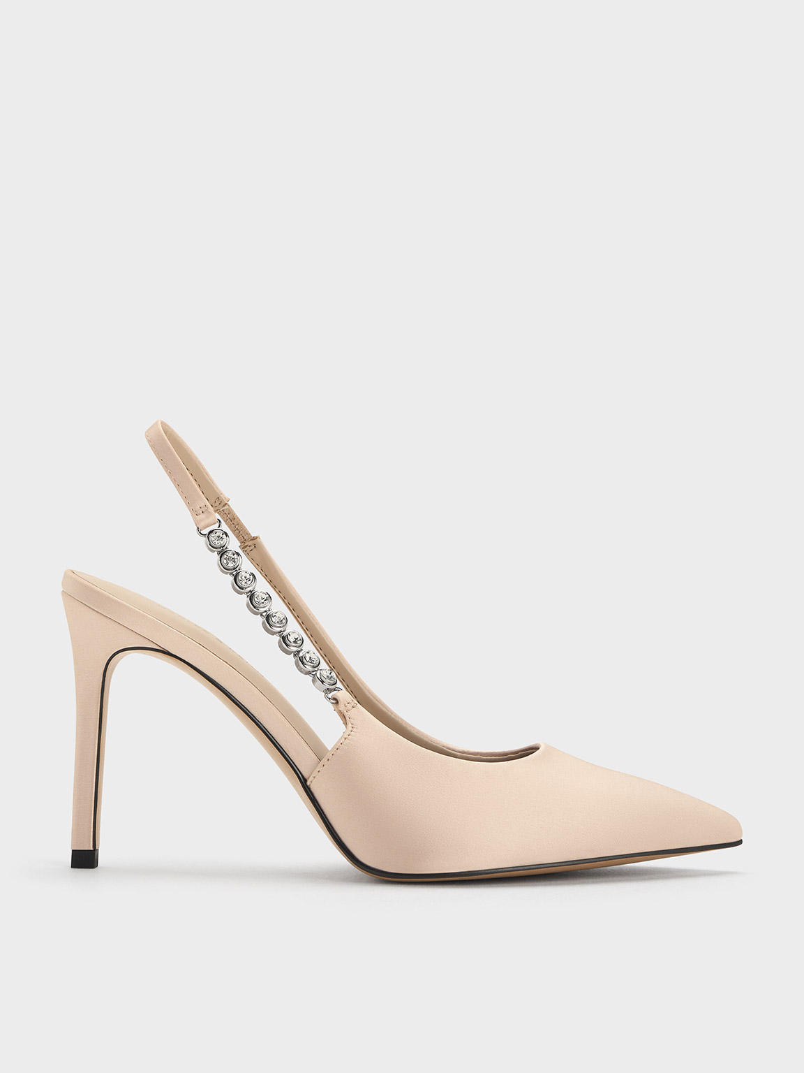 Beige Recycled Polyester Gem-Strap Slingback Pumps | CHARLES & KEITH