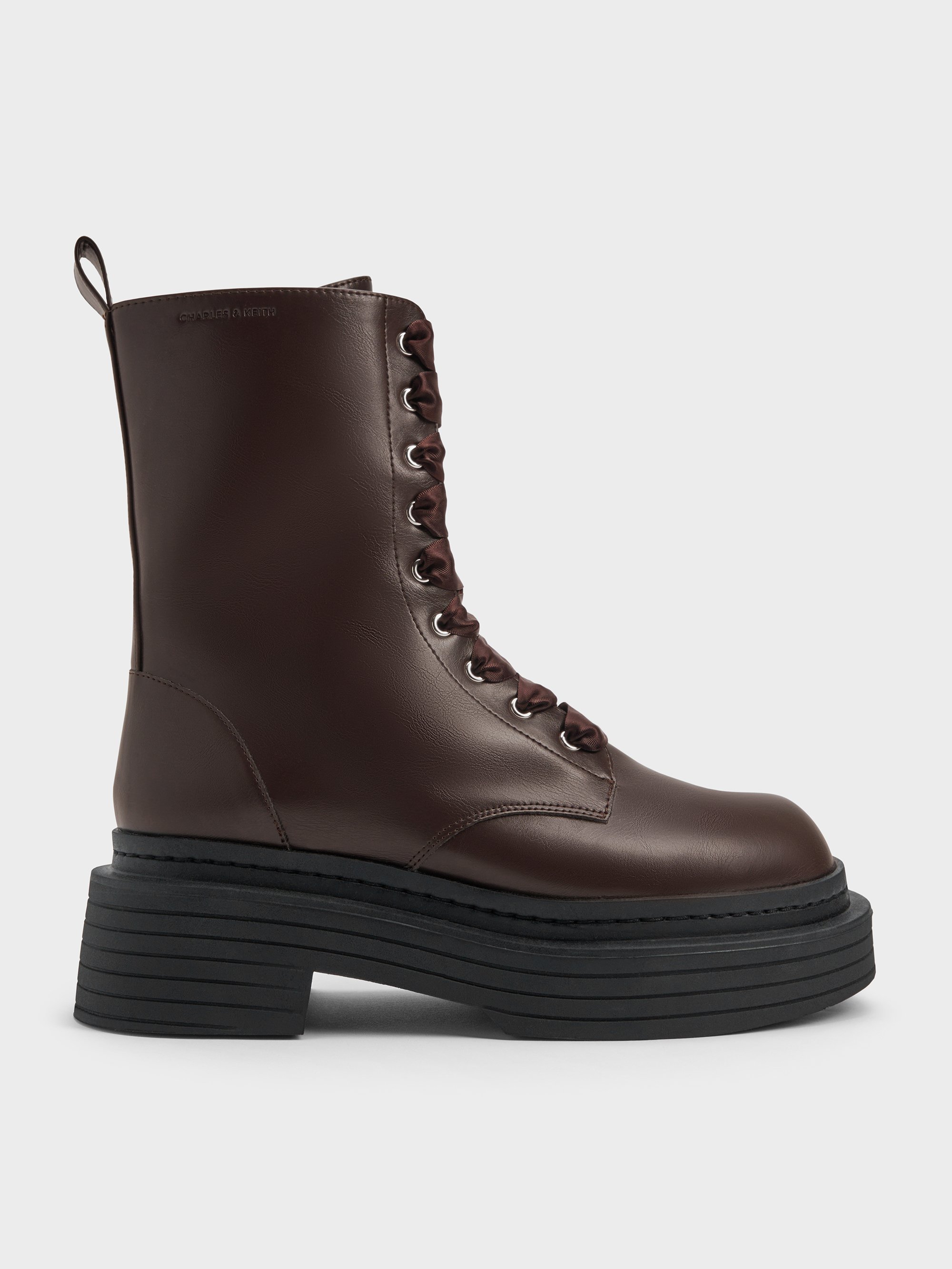 Charles & Keith - Satin-lace Platform Combat Boots In Brown