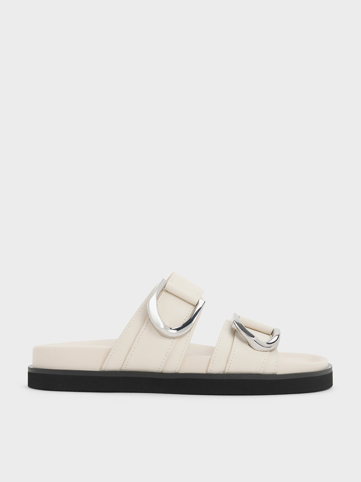 Chalk Gabine Buckled Leather Slides - CHARLES & KEITH SG