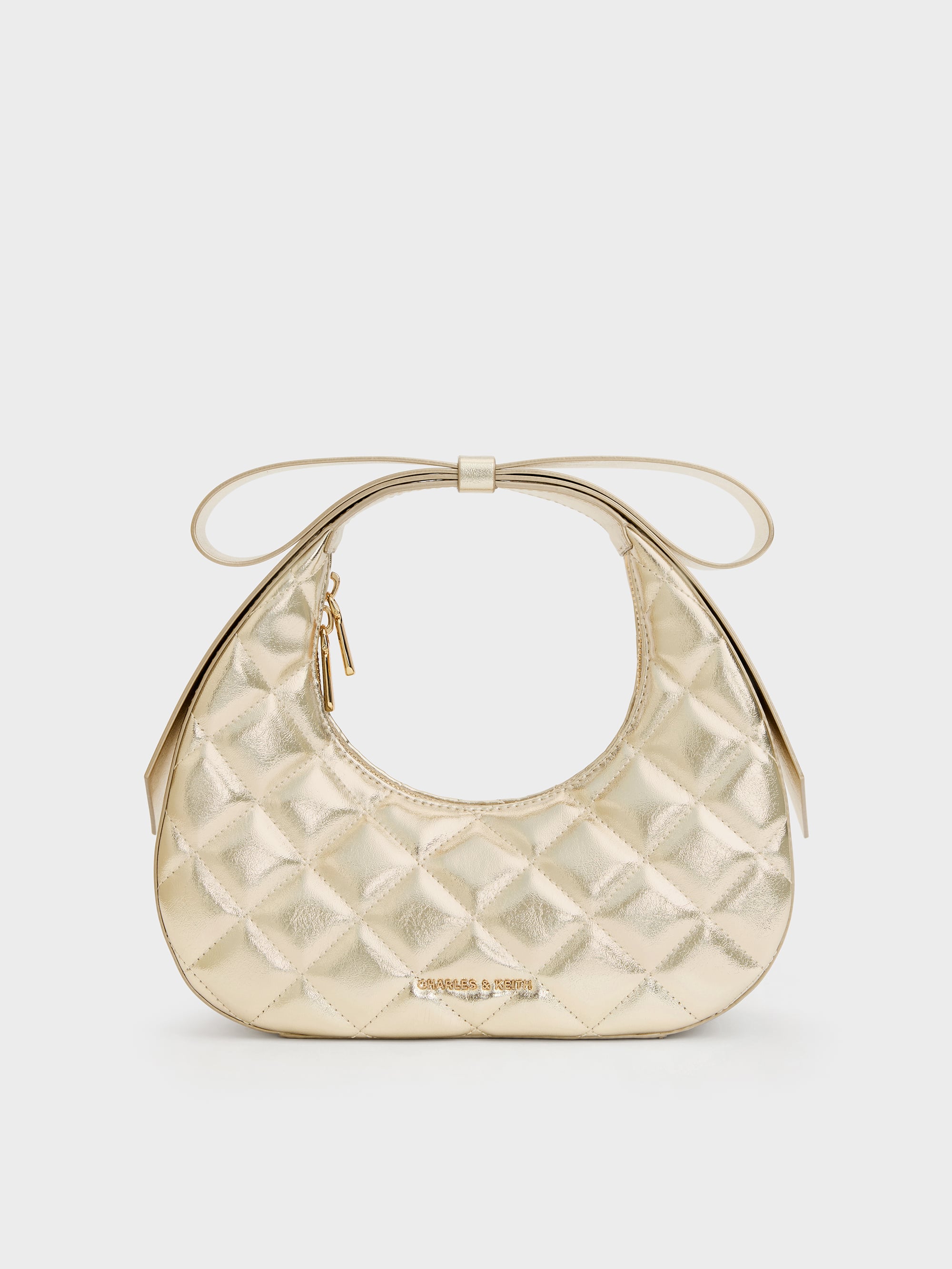 Janie Metallic Quilted Bow-Handle Bag - Champagne - CHARLES & KEITH US