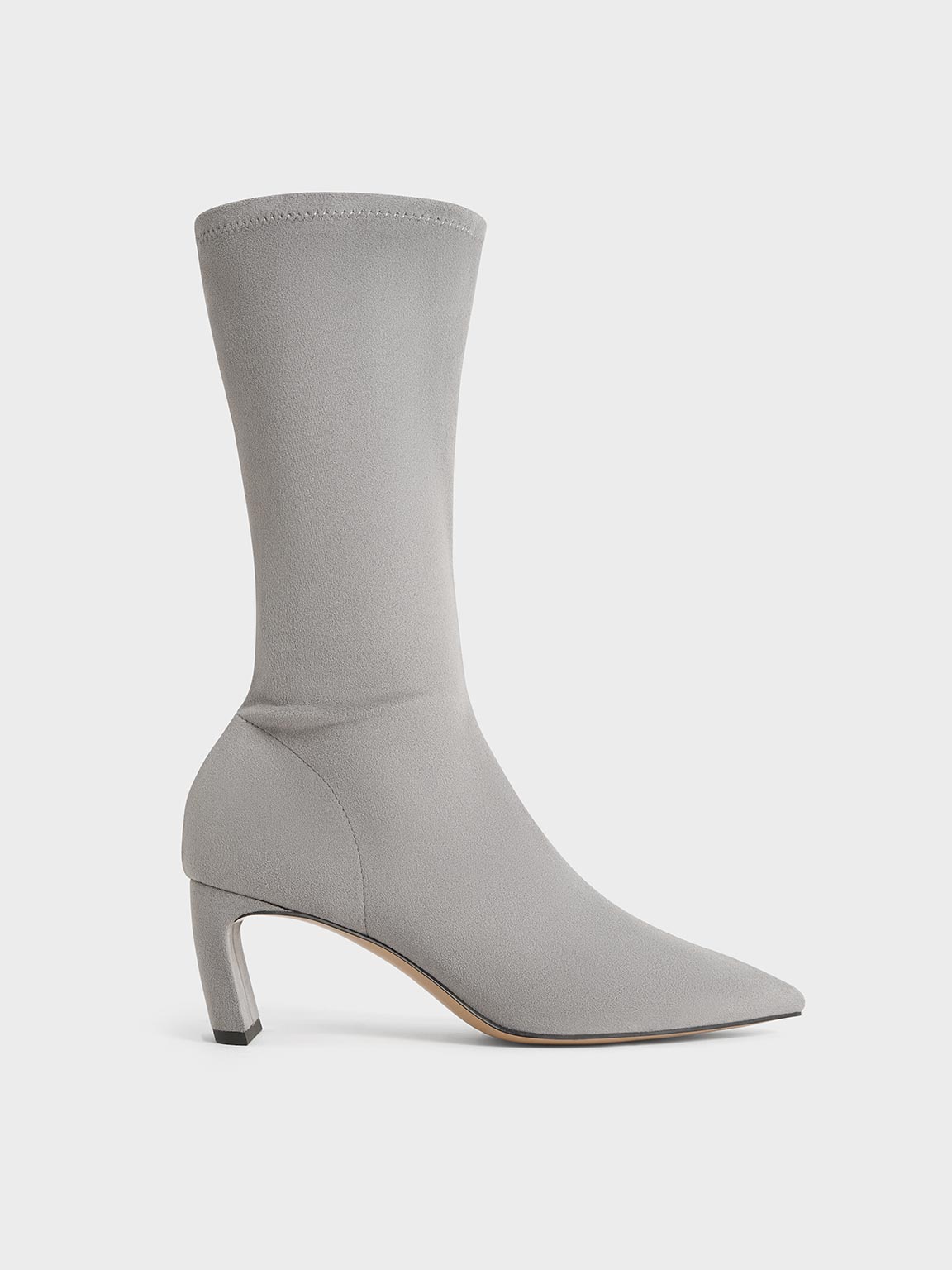 Charles & Keith - Faux Suede Blade-heel Pointed-toe Calf Boots In Grey