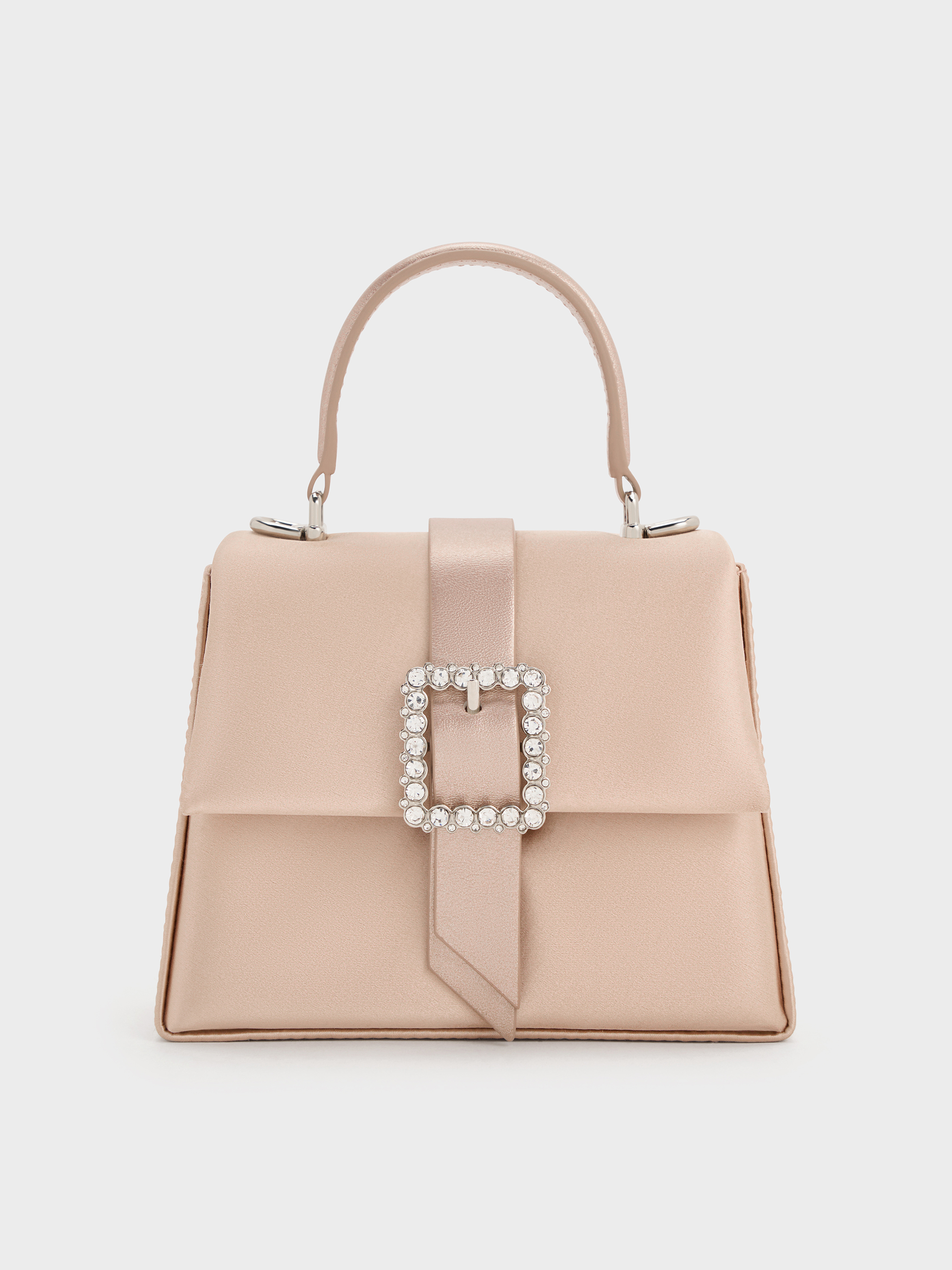 Charles & Keith - Satin Crystal-Buckle Belted Top Handle Bag