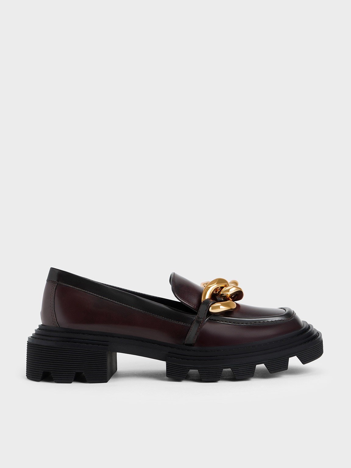 Burgundy Perline Chunky Chain Loafers - CHARLES & KEITH KR