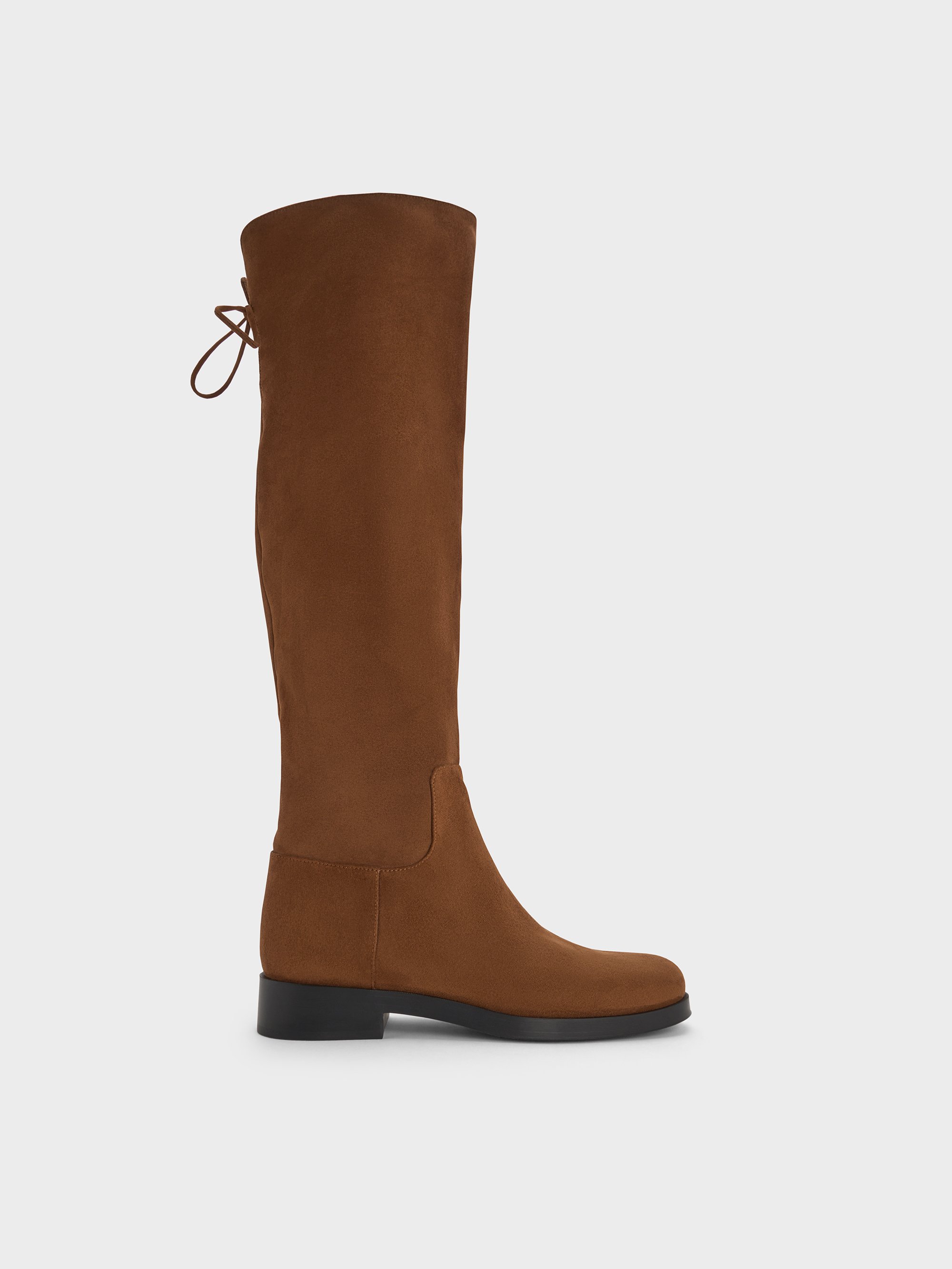 Charles & Keith - Faux Suede Fold-over Back-tie Thigh-high Boots In Brown