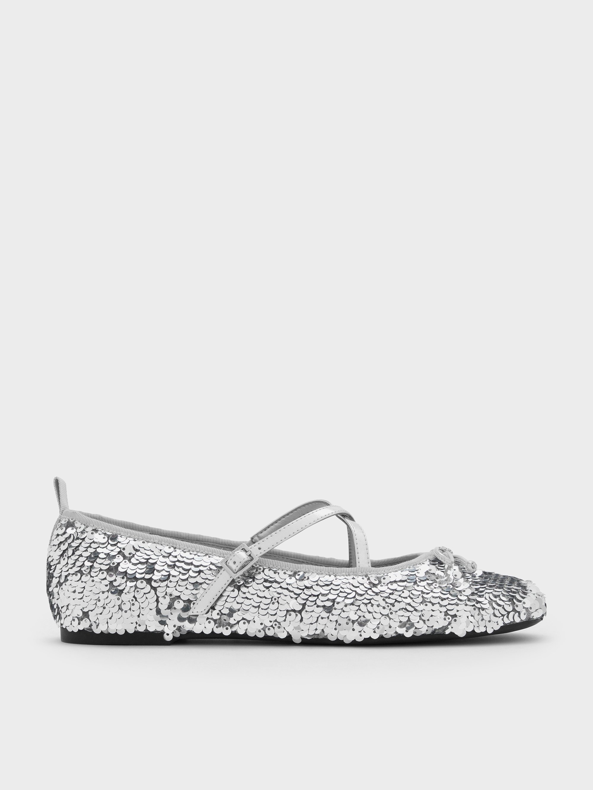Charles & Keith - Sequinned Crossover Mary Jane Flats In Silver