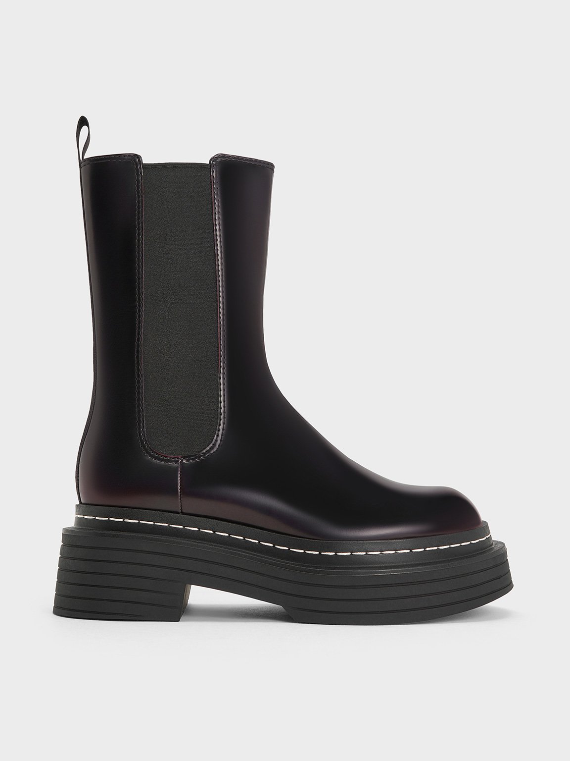 Charles & Keith - Stitch-trim Platform Mid-calf Chelsea Boots In Burgundy