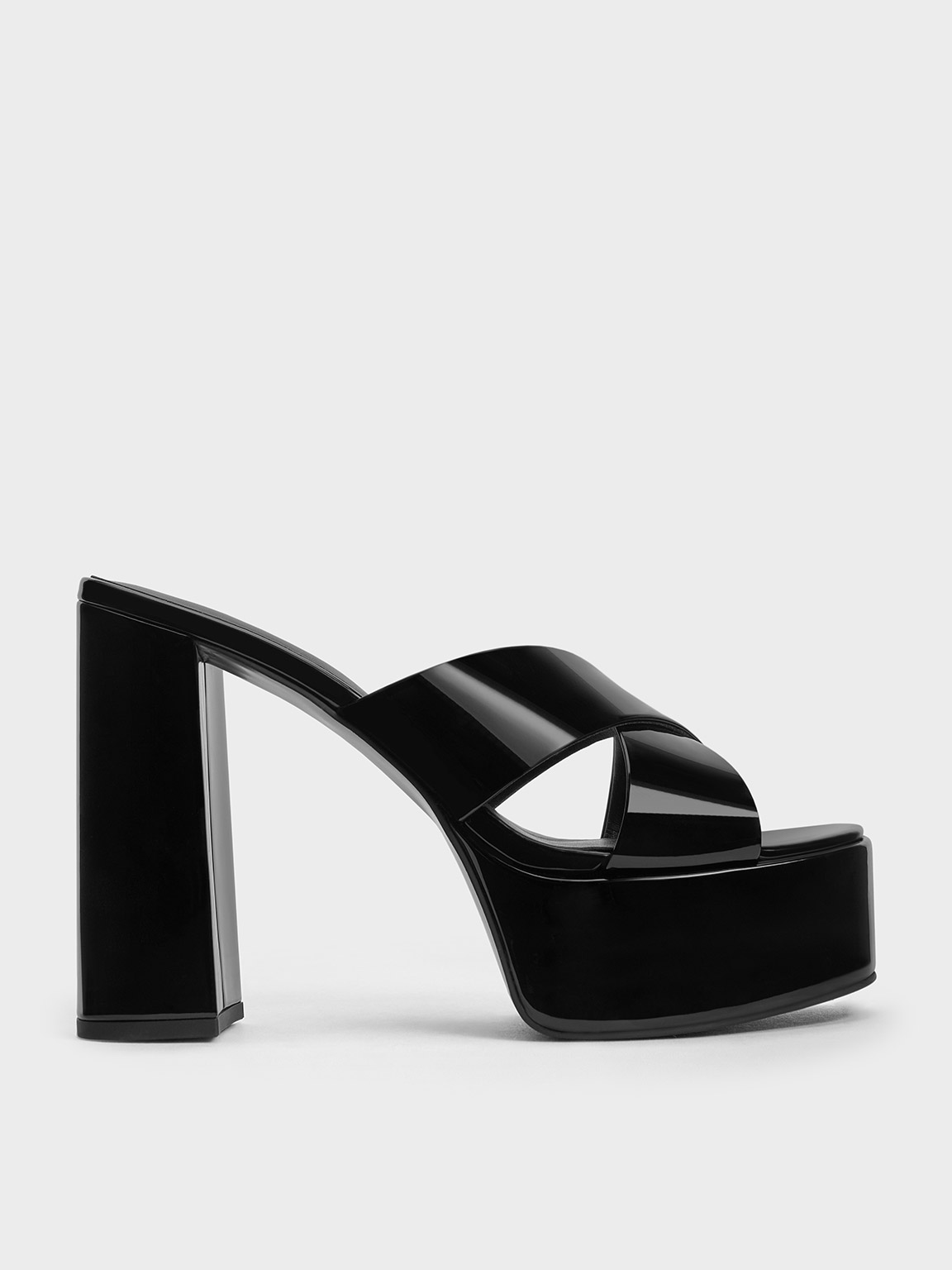 Charles & Keith Patent Crossover Strap Platform Mules In Black Patent