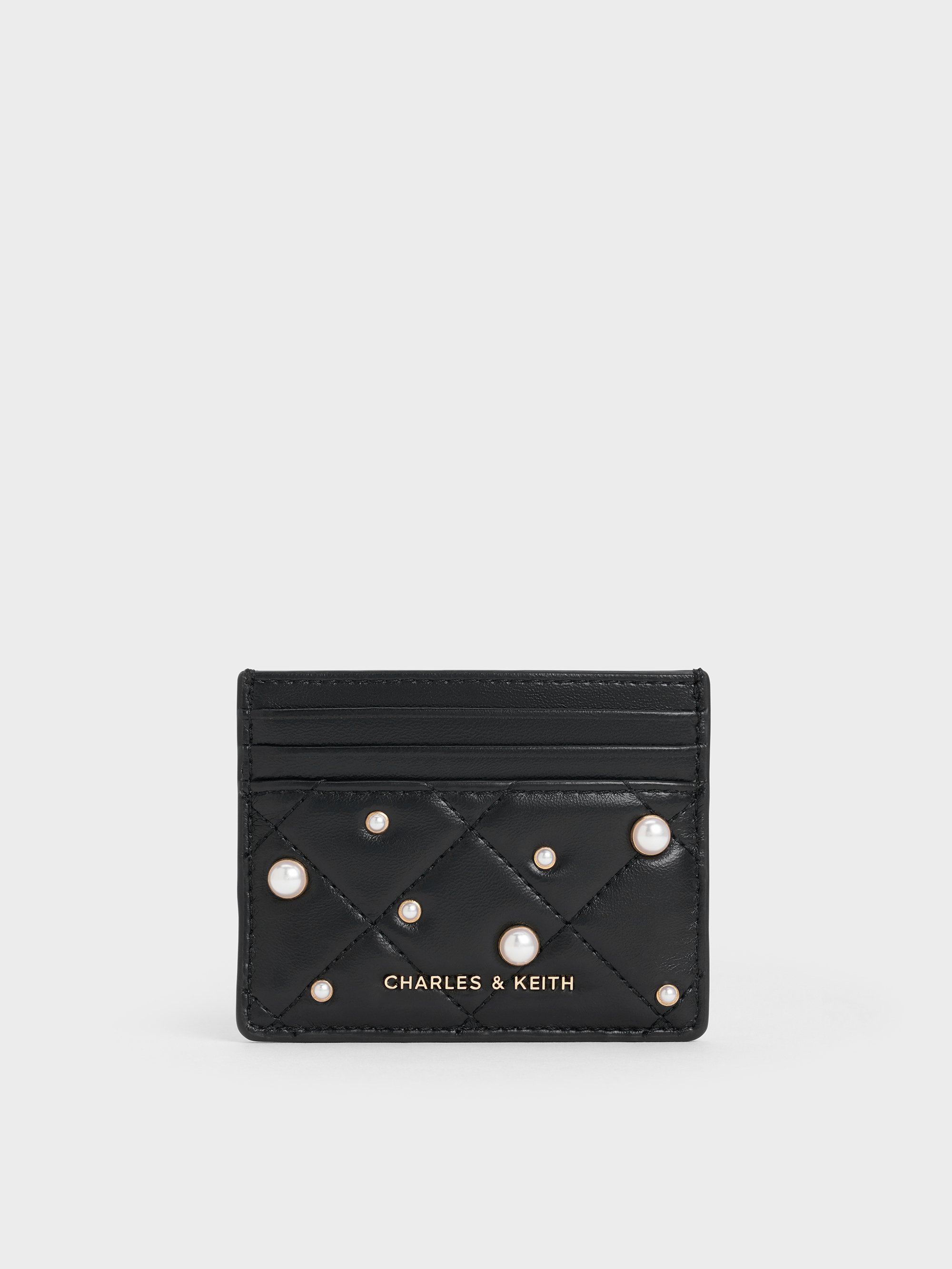 Charles & Keith - Janie Pearl-embellished Quilted Card Holder In Black