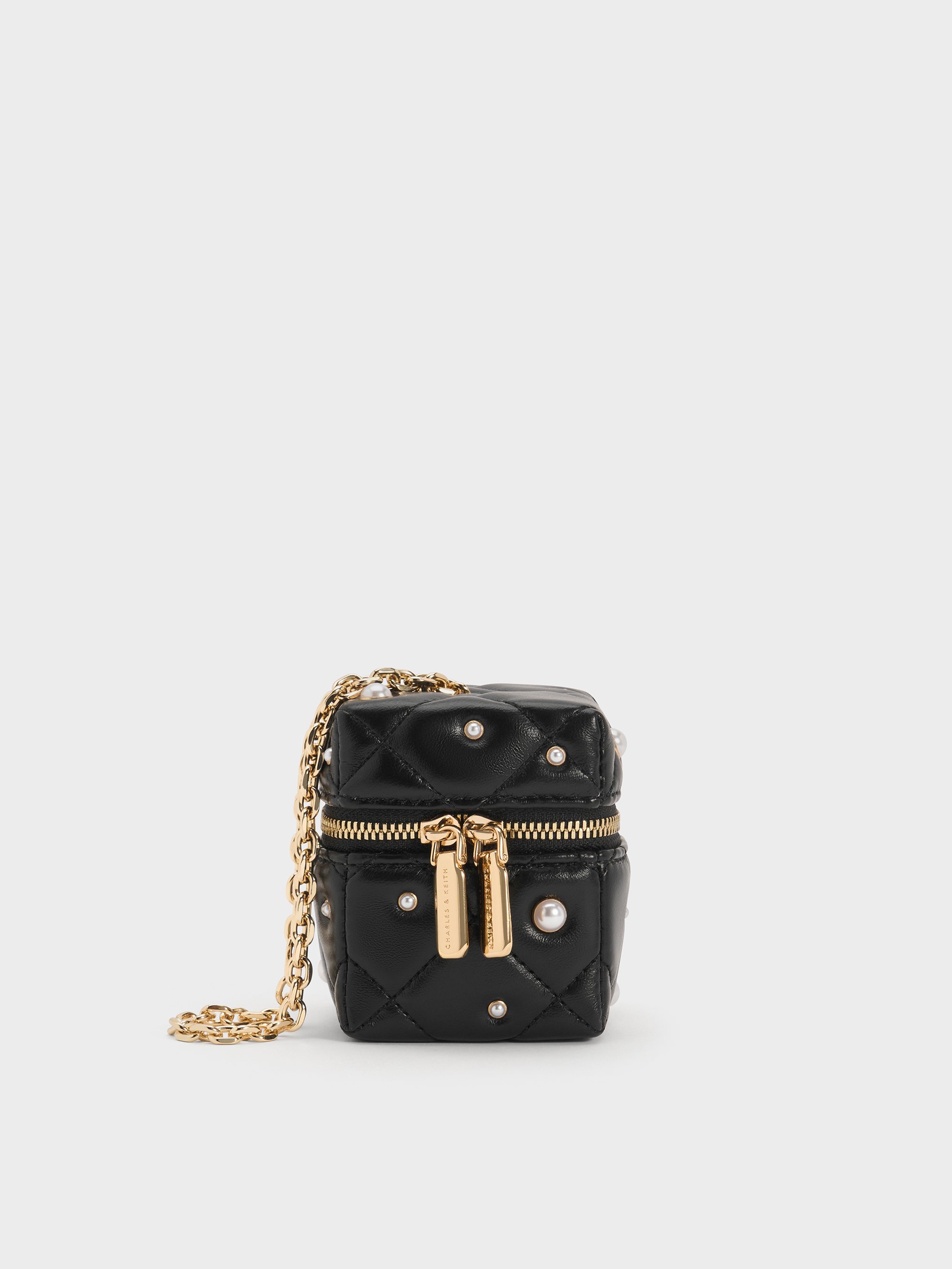 Charles & Keith - Janie Quilted Pearl-embellished Chain-handle Micro Bag In Black