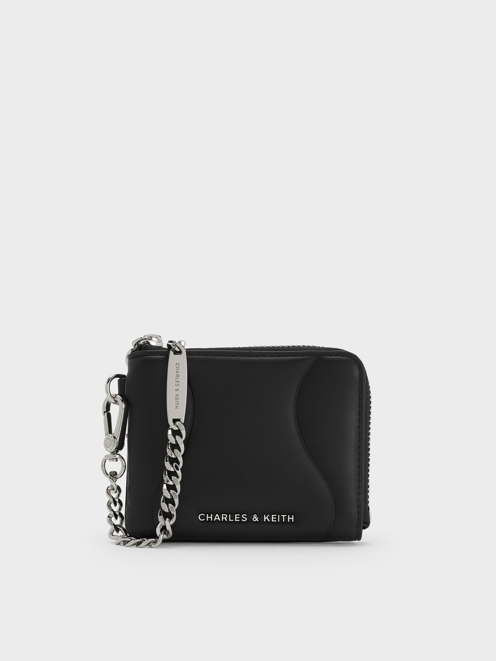 Charles & Keith - Nelly Wavy-panel Chain-strap Wristlet In Black